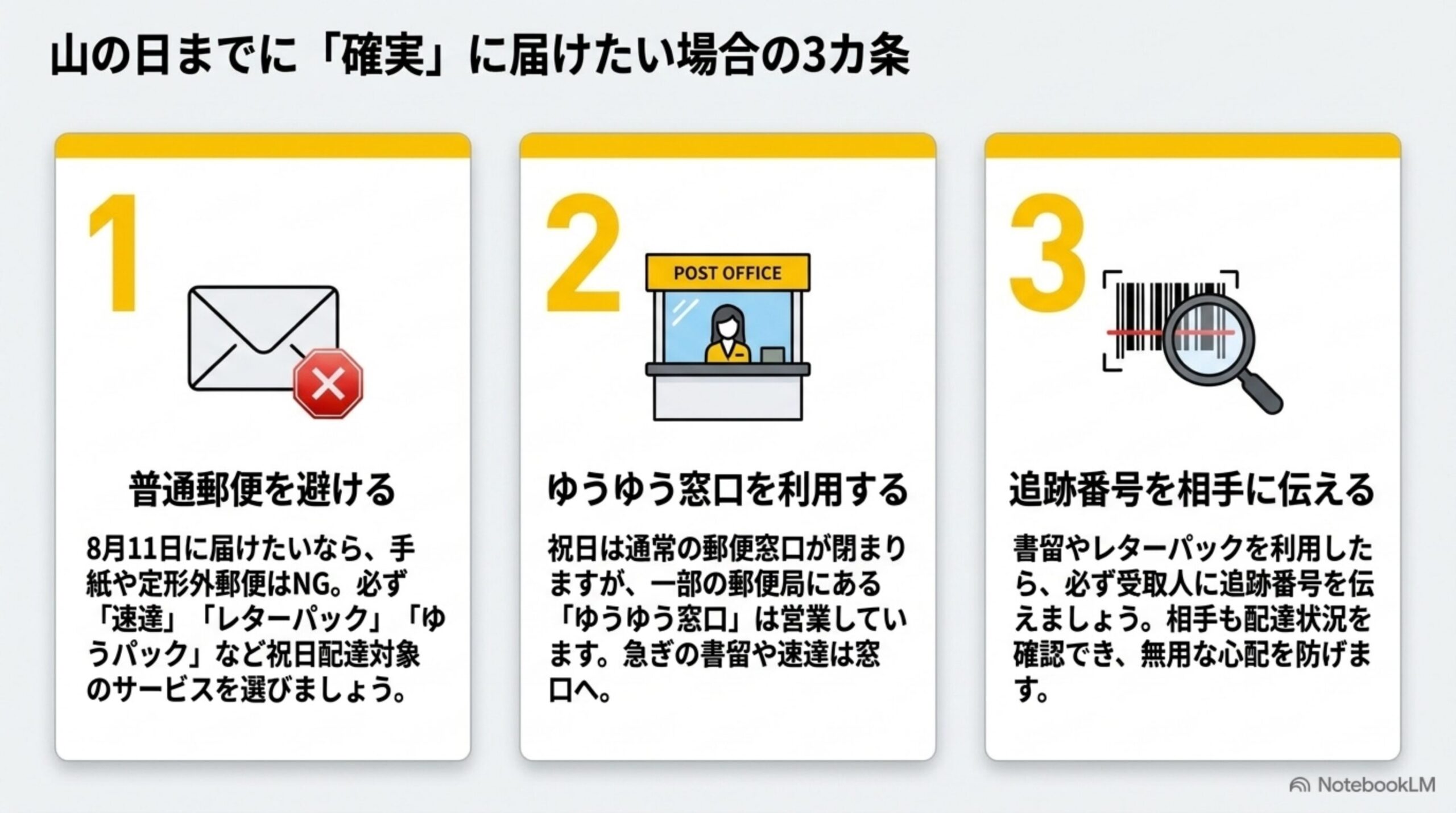 山の日までに確実に届けたい場合の3カ条。普通郵便を避ける、ゆうゆう窓口を利用する、追跡番号を相手に伝えるという3枚のカード