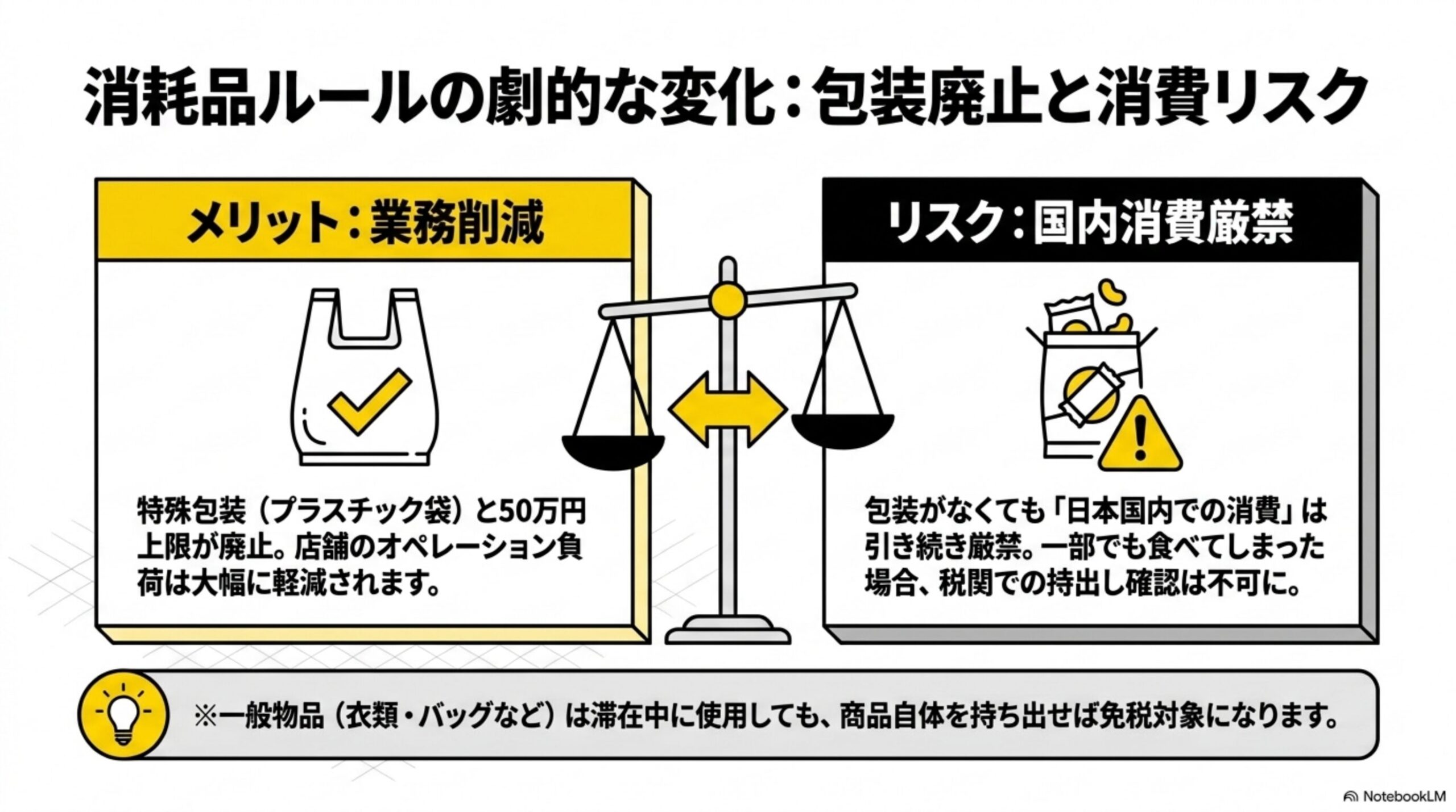 消耗品ルールの劇的な変化：包装廃止と消費リスクを示す天秤の図解。メリット:業務削減(特殊包装(プラスチック袋)と50万円上限が廃止。店舗のオペレーション負荷は大幅に軽減される)とリスク:国内消費厳禁(包装がなくても「日本国内での消費」は引き続き厳禁。一部でも食べてしまった場合、税関での持出し確認は不可に)を天秤にかけ、一般物品(衣類・バッグなど)は滞在中に使用しても、商品自体を持ち出せば免税対象になるという注記付き