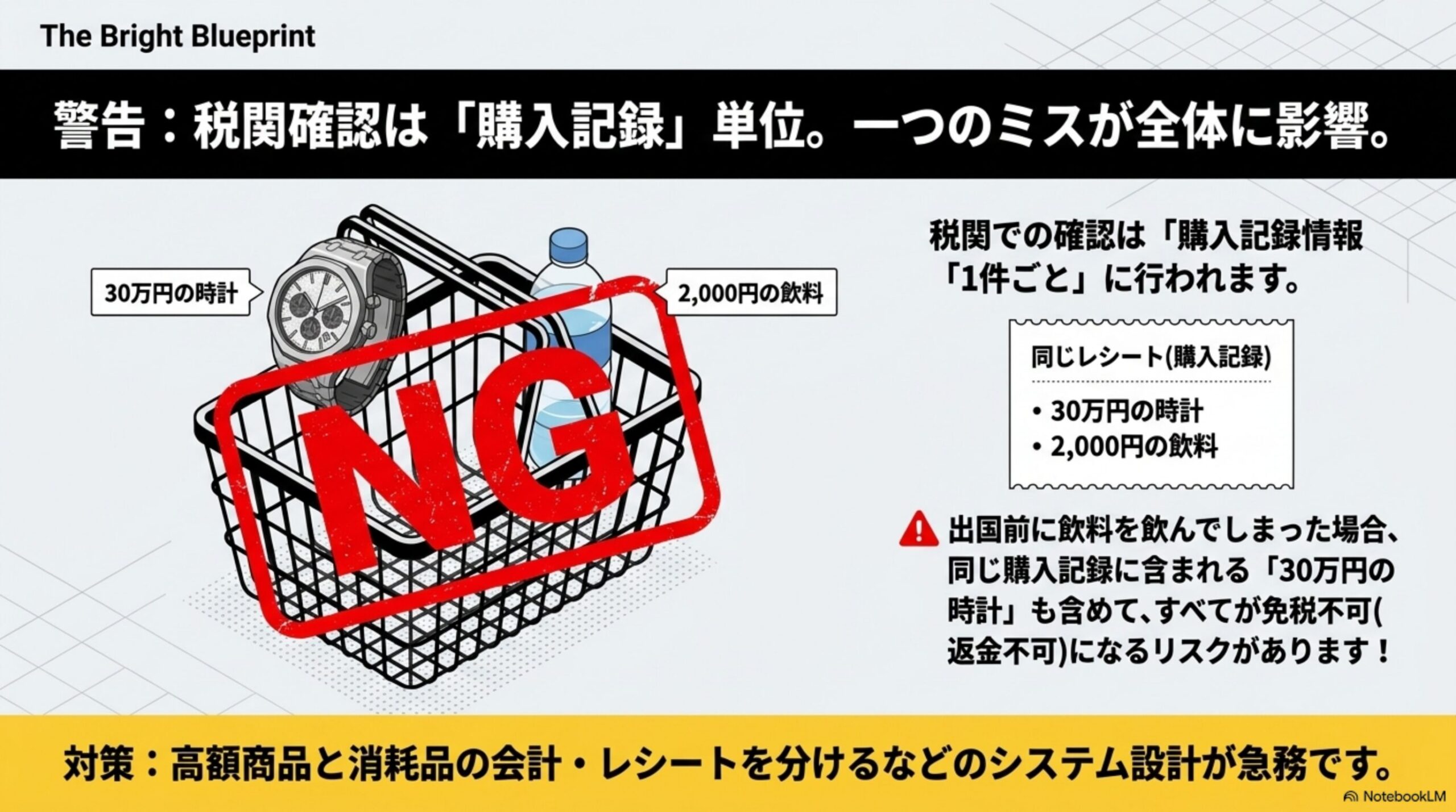 警告：税関確認は「購入記録」単位。一つのミスが全体に影響。を示す図解。30万円の時計と2,000円の飲料が同じ買い物かごに入りNGスタンプが押され、同じレシート(購入記録)に含まれる商品のうち出国前に飲料を飲んでしまった場合、30万円の時計も含めてすべてが免税不可(返金不可)になるリスクがあることを示し、対策として高額商品と消耗品の会計・レシートを分けるなどのシステム設計が急務ですと結論づける