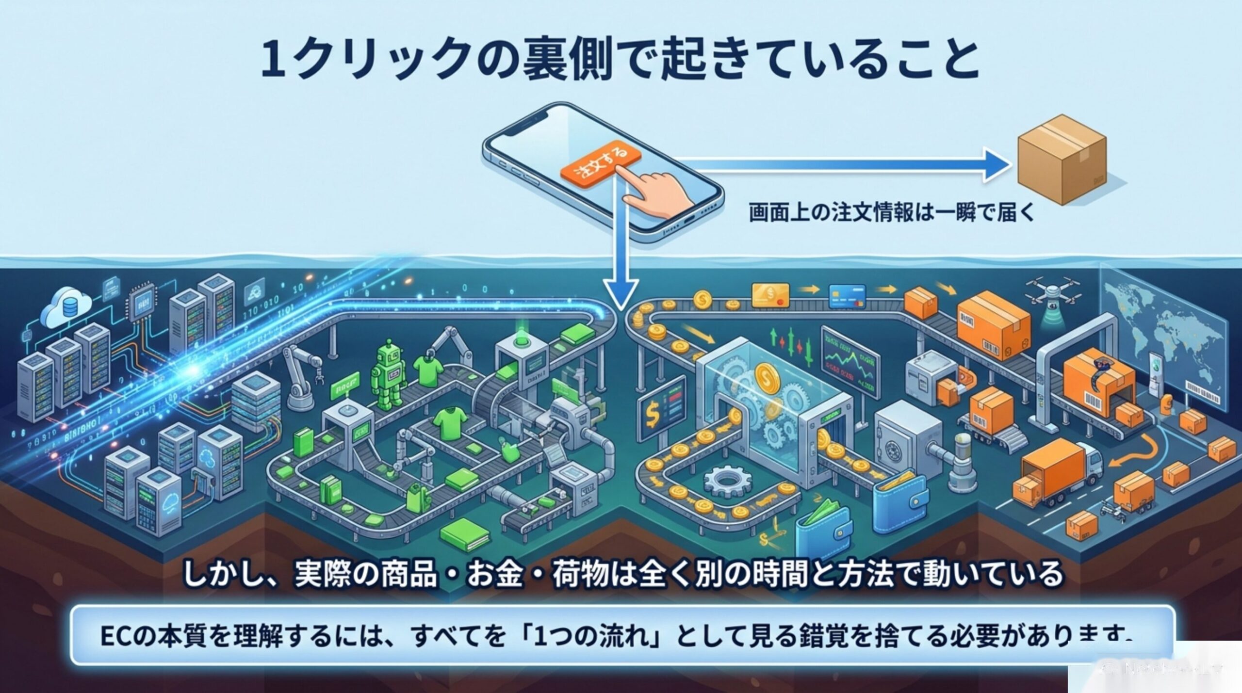 1クリックの裏側で起きていること。画面上の注文情報は一瞬で届くが、実際の商品・お金・荷物は全く別の時間と方法で動いている。ECの本質を理解するには、すべてを1つの流れとして見る錯覚を捨てる必要がある