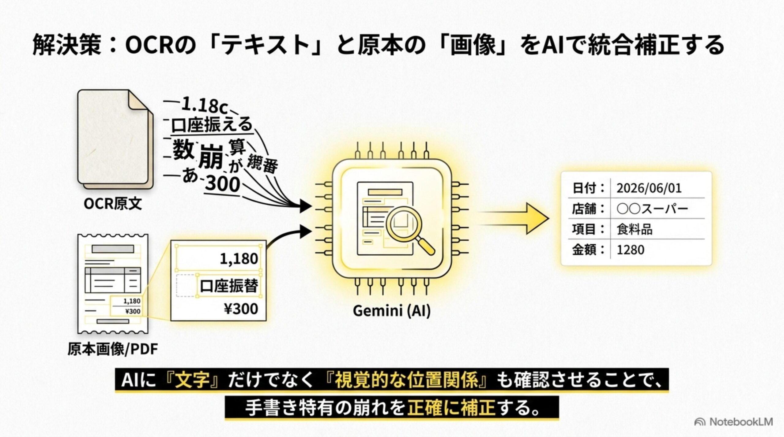 解決策 OCRのテキストと原本の画像をAIで統合補正することで手書き特有の崩れを正確に補正する