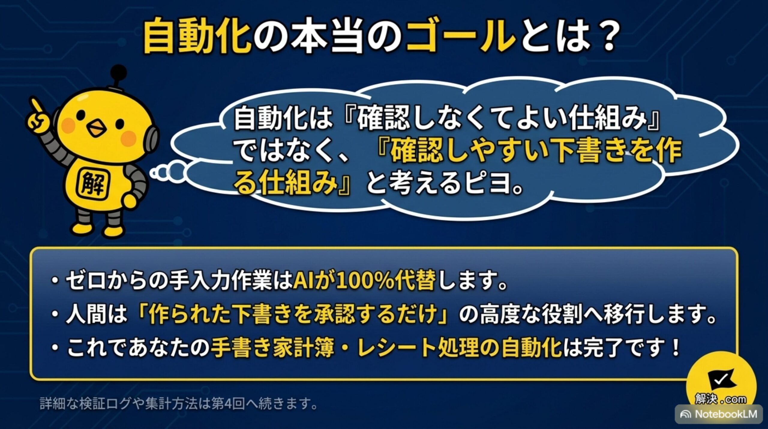 自動化の本当のゴールとは ゼロからの手入力作業はAIが代替し人間は作られた下書きを承認するだけの役割へ移行する これで手書き家計簿レシート処理の自動化は完了 詳細な検証ログや集計方法は第4回へ続く