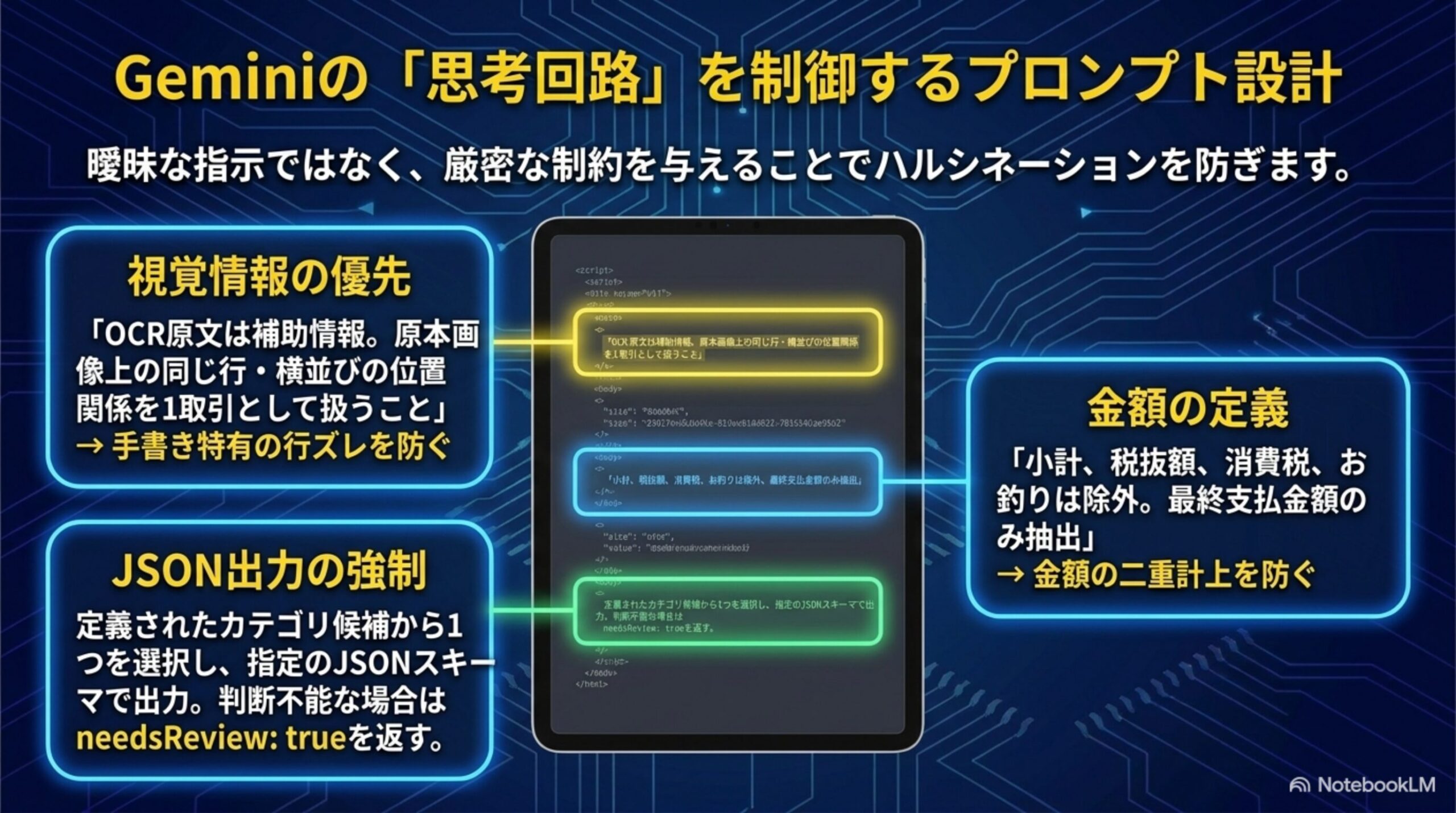 Geminiの思考回路を制御するプロンプト設計 視覚情報の優先でOCR原文は補助情報として原本画像上の位置関係を重視 金額の定義で小計消費税お釣りを除外し最終支払金額のみ抽出 JSON出力の強制で判断不能な項目はneedsReview trueを返す