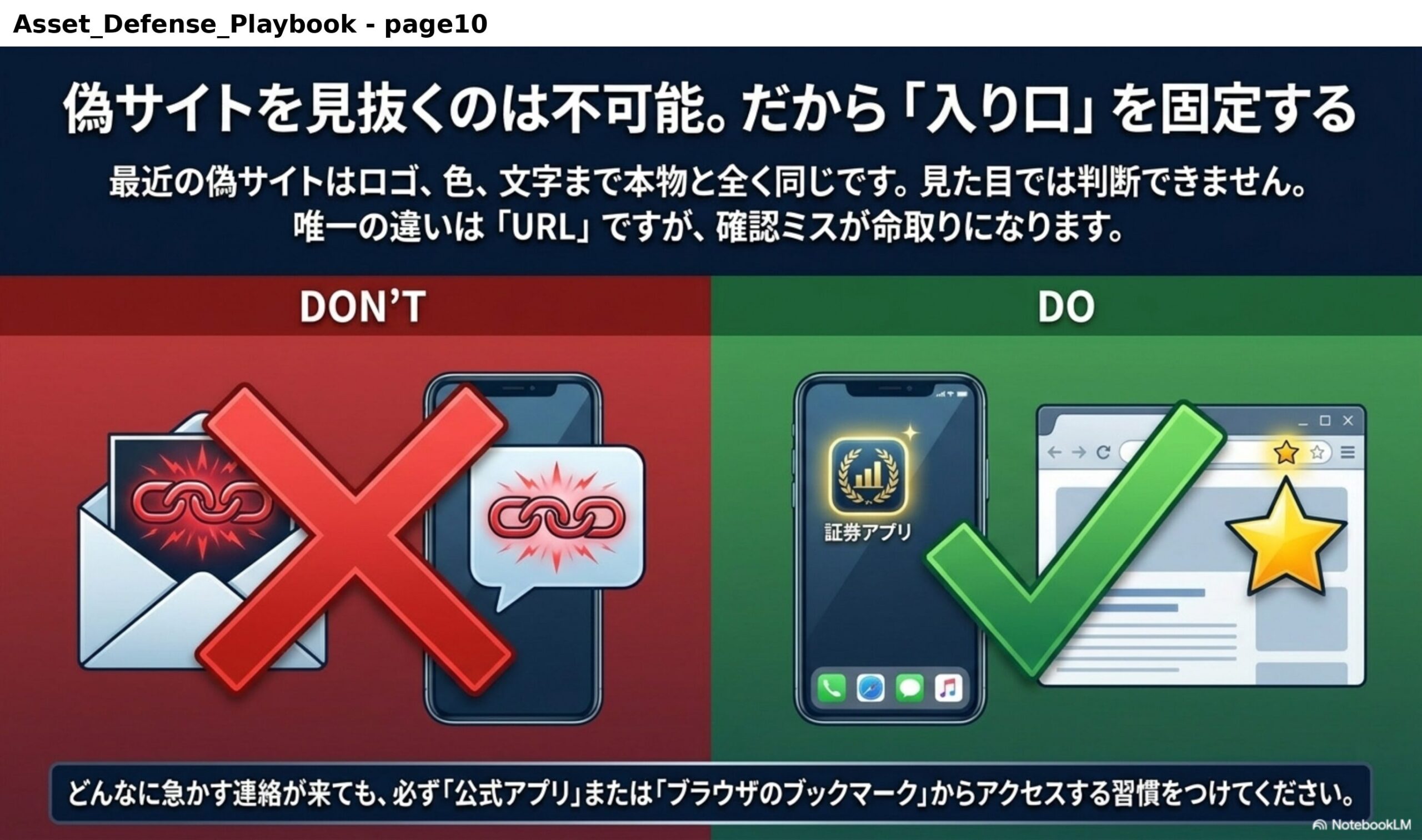 偽サイトを見抜くのは不可能。だから「入り口」を固定する。最近の偽サイトはロゴ、色、文字まで本物と全く同じです。見た目では判断できません。唯一の違いはURLですが、確認ミスが命取りになります。DON'T：メールやSMSのリンクから。DO：証券アプリ、またはブラウザのブックマークから。どんなに急かす連絡が来ても、必ず「公式アプリ」または「ブラウザのブックマーク」からアクセスする習慣をつけてください。