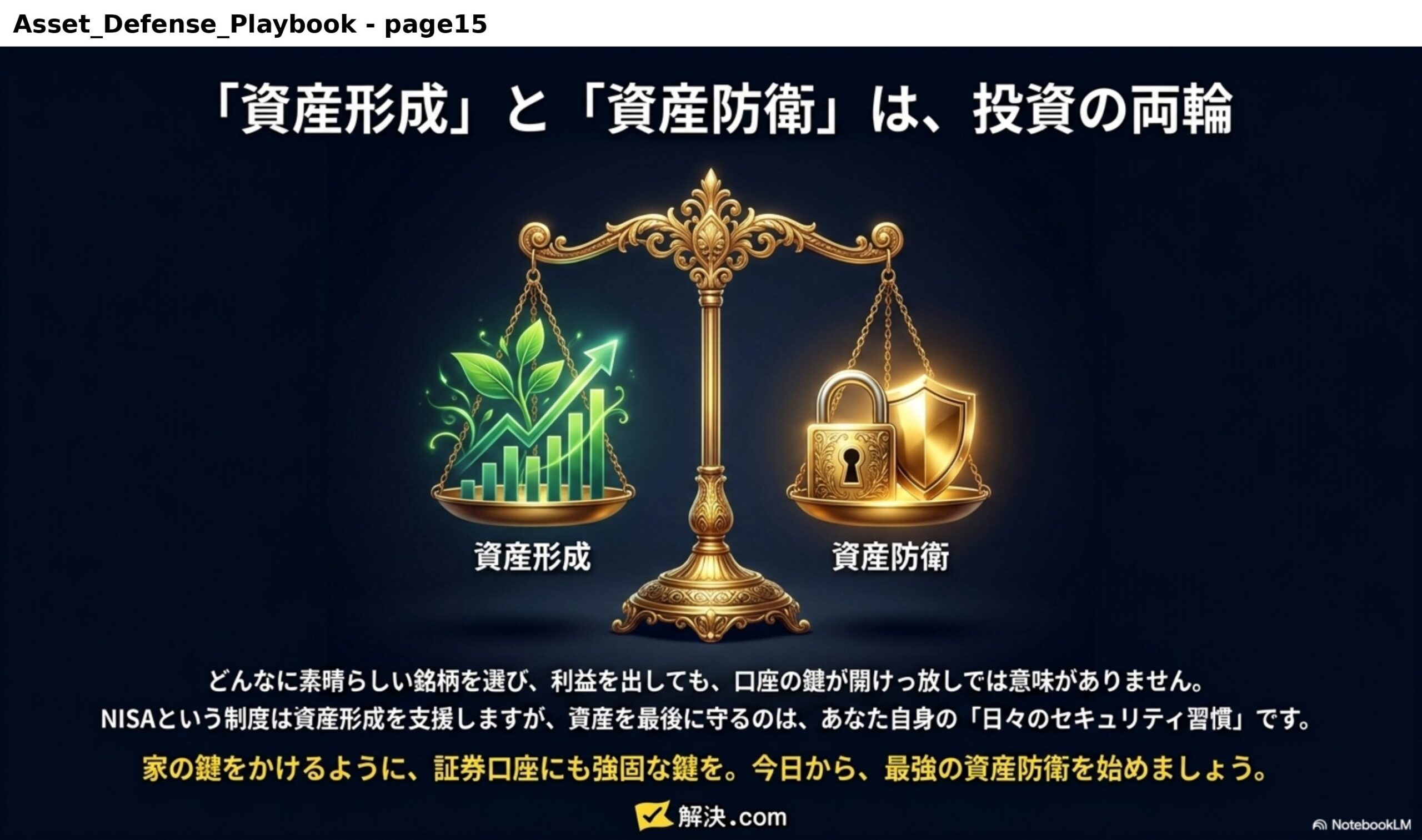 「資産形成」と「資産防衛」は、投資の両輪。どんなに素晴らしい銘柄を選び、利益を出しても、口座の鍵が開けっ放しでは意味がありません。NISAという制度は資産形成を支援しますが、資産を最後に守るのは、あなた自身の「日々のセキュリティ習慣」です。家の鍵をかけるように、証券口座にも強固な鍵を。今日から、最強の資産防衛を始めましょう。