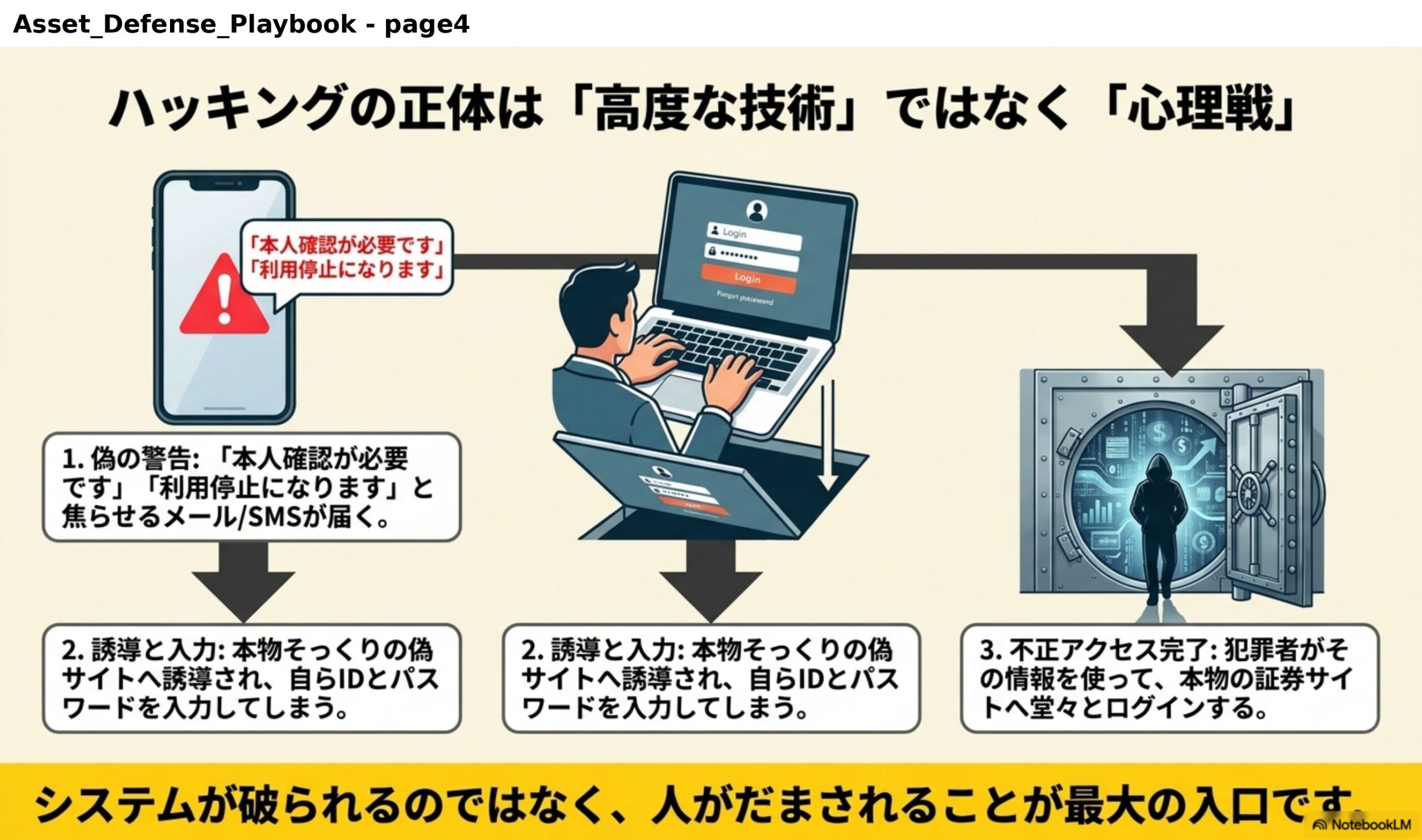 ハッキングの正体は「高度な技術」ではなく「心理戦」。1.偽の警告：「本人確認が必要です」「利用停止になります」と焦らせるメール/SMSが届く。2.誘導と入力：本物そっくりの偽サイトへ誘導され、自らIDとパスワードを入力してしまう。3.不正アクセス完了：犯罪者がその情報を使って、本物の証券サイトへ堂々とログインする。システムが破られるのではなく、人がだまされることが最大の入口です。