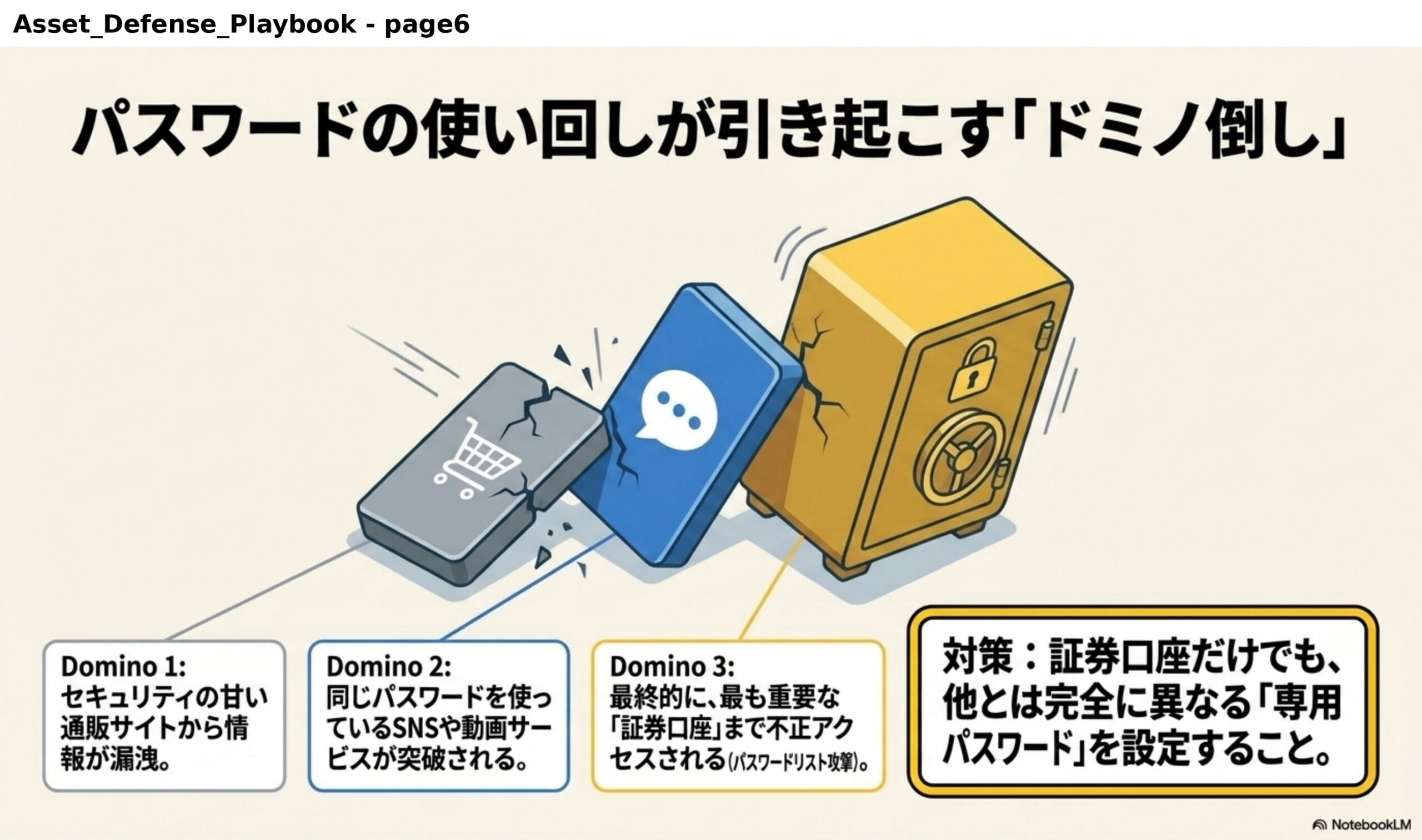 パスワードの使い回しが引き起こす「ドミノ倒し」。Domino1：セキュリティの甘い通販サイトから情報が漏洩。Domino2：同じパスワードを使っているSNSや動画サービスが突破される。Domino3：最終的に、最も重要な「証券口座」まで不正アクセスされる（パスワードリスト攻撃）。対策：証券口座だけでも、他とは完全に異なる「専用パスワード」を設定すること。