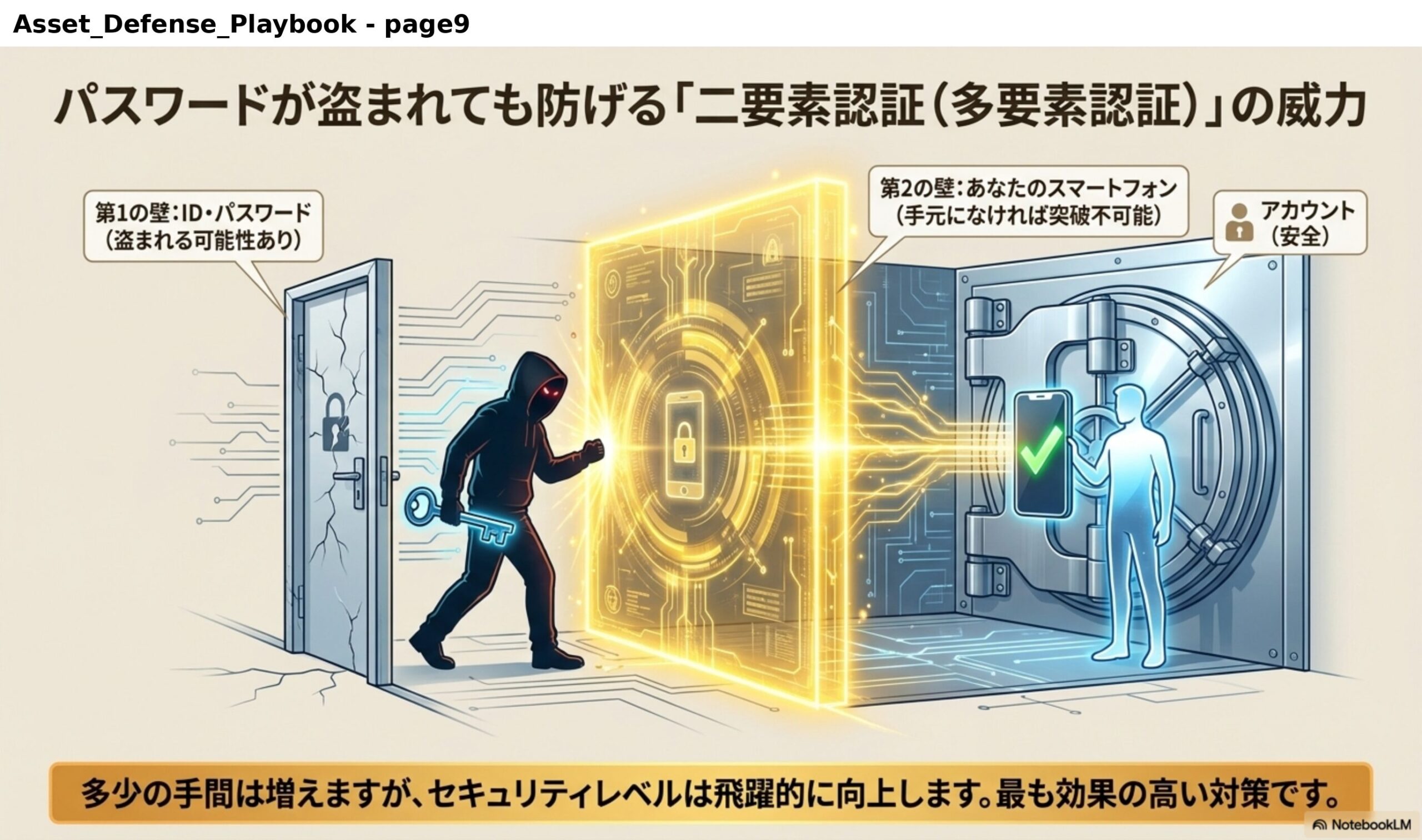 パスワードが盗まれても防げる「二要素認証（多要素認証）」の威力。第1の壁：ID・パスワード（盗まれる可能性あり）。第2の壁：あなたのスマートフォン（手元になければ突破不可能）。アカウントは安全。多少の手間は増えますが、セキュリティレベルは飛躍的に向上します。最も効果の高い対策です。