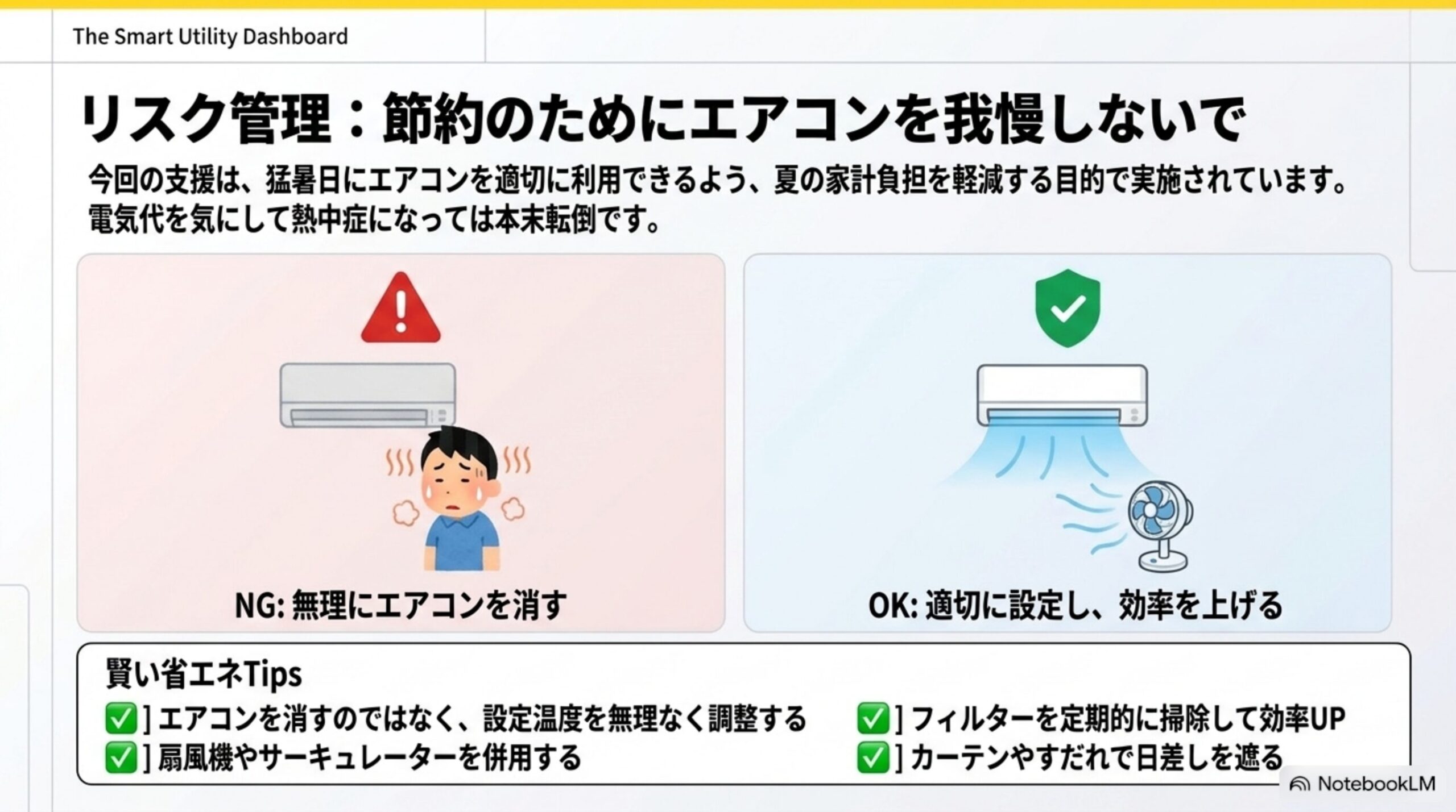 リスク管理：節約のためにエアコンを我慢しないで。適切な設定と併用テクニック