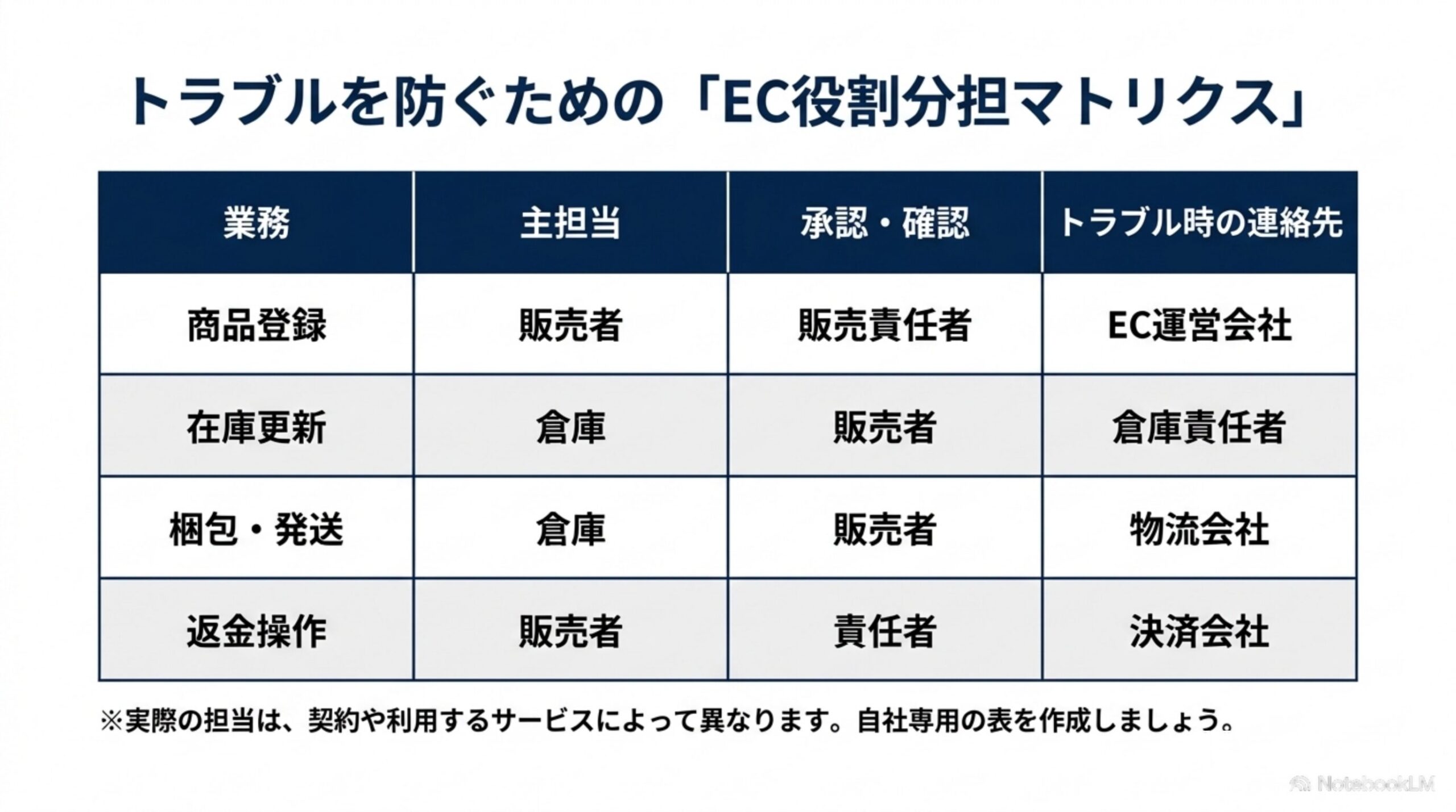トラブルを防ぐための「EC役割分担マトリクス」。業務・主担当・確認と承認者・トラブル時の連絡先を一覧にした表
