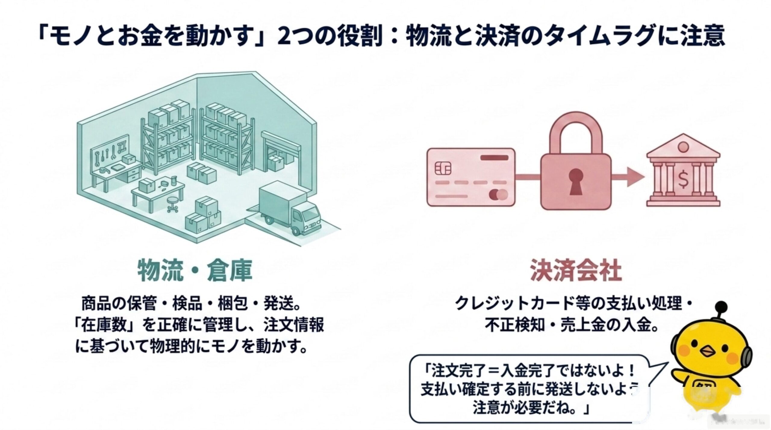 「モノとお金を動かす」2つの役割：物流と決済のタイムラグに注意。物流・倉庫（商品の保管・検品・梱包・発送、在庫数を正確に管理）と決済会社（クレジットカード等の支払い処理・不正検知・売上金の入金）