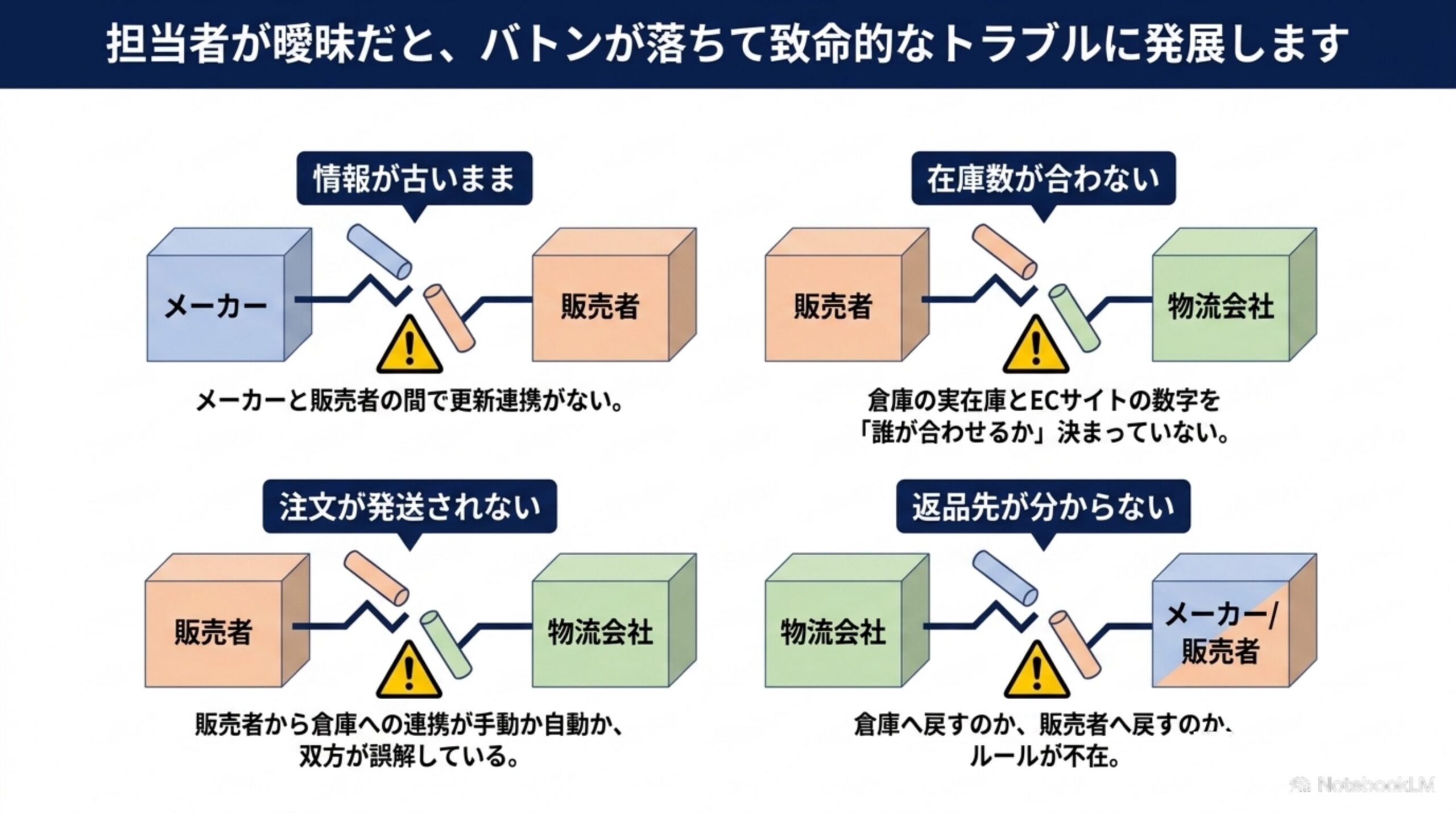 担当者が曖昧だと、バトンが落ちて致命的なトラブルに発展します。情報が古いまま（メーカーと販売者の間で更新連携がない）、在庫数が合わない、注文が発送されない、返品先が分からない