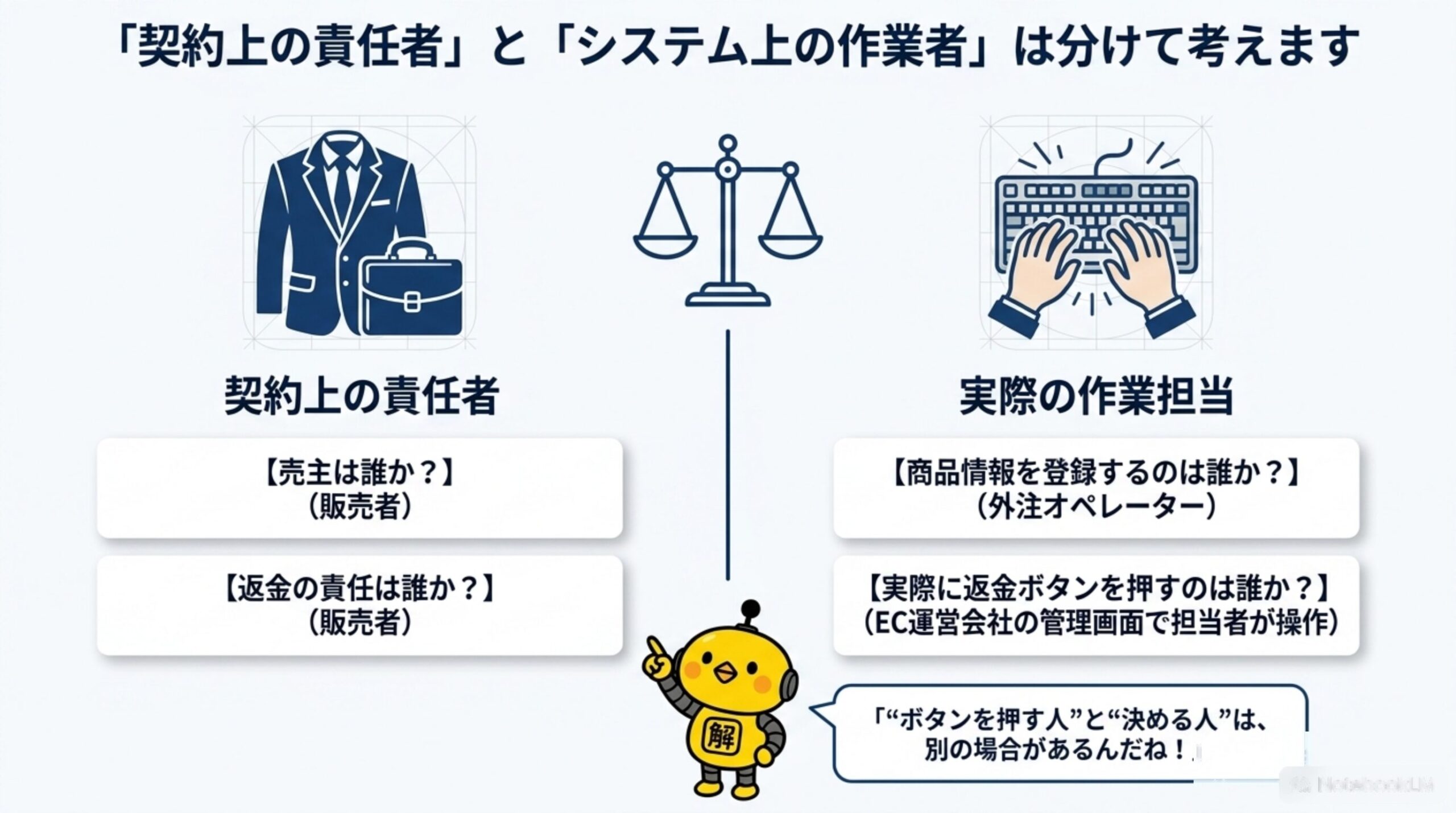 「契約上の責任者」と「システム上の作業者」は分けて考えます。契約上の責任者（売主は誰か、返金の責任は誰か）と、実際の作業担当（商品情報を登録するのは誰か、実際に返金操作をするのは誰か）