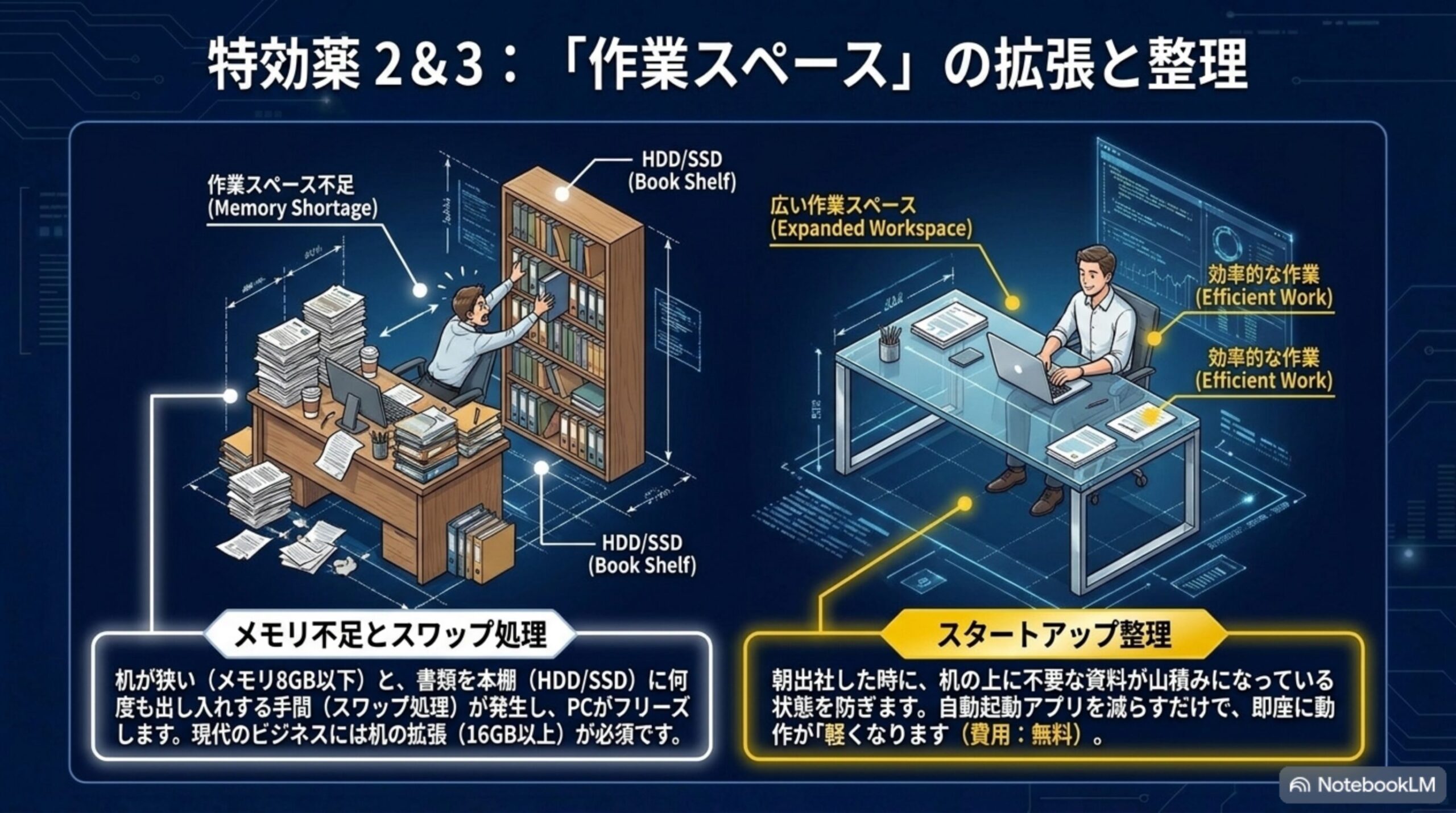 メモリ増設とスタートアップ整理による作業スペースの拡張と整理