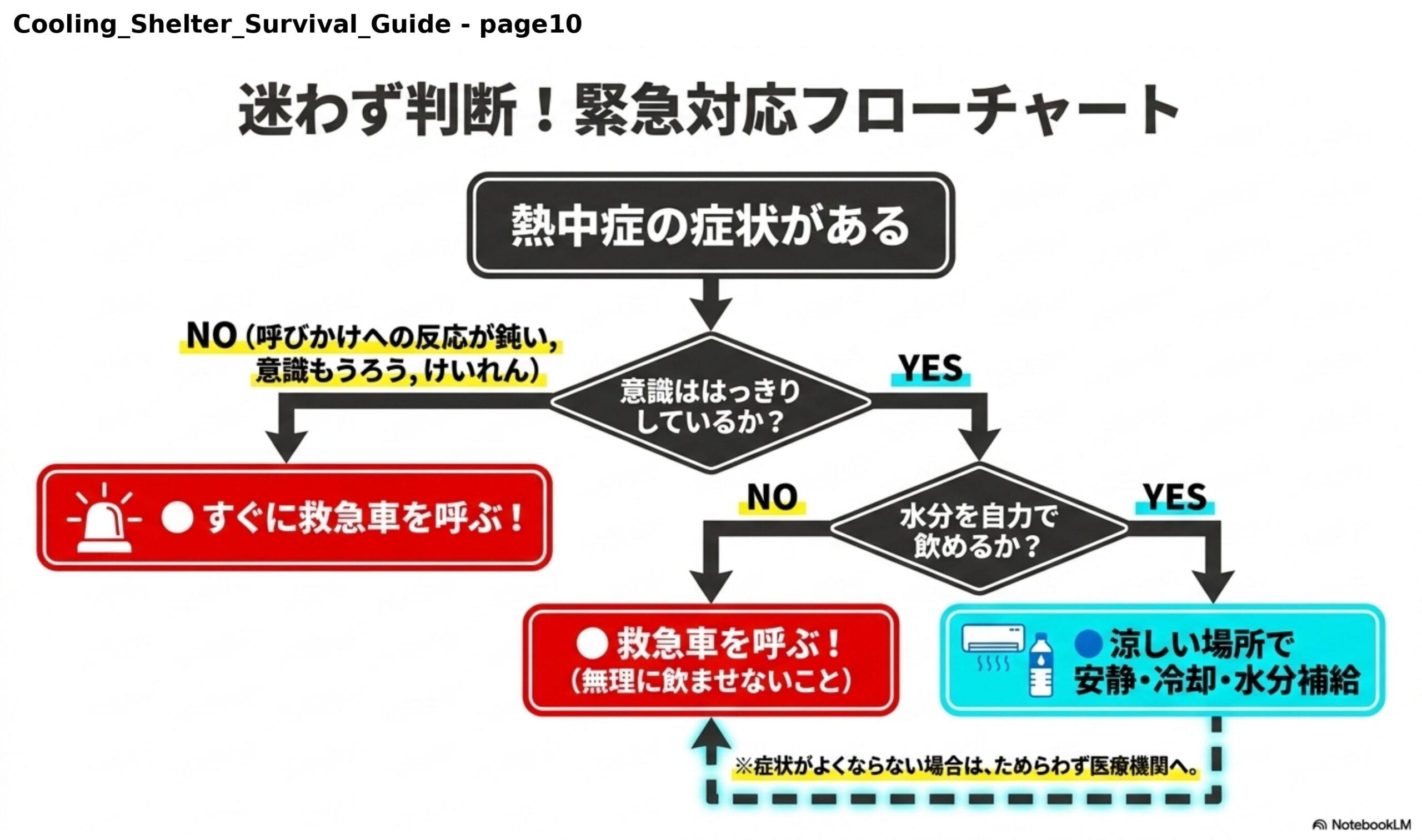 迷わず判断！緊急対応フローチャート。熱中症の症状がある→意識ははっきりしているか？NO（呼びかけへの反応が鈍い、意識もうろう、けいれん）→すぐに救急車を呼ぶ！YES→水分を自力で飲めるか？NO→救急車を呼ぶ（無理に飲ませないこと）。YES→涼しい場所で安静・冷却・水分補給。症状がよくならない場合は、ためらわず医療機関へ。