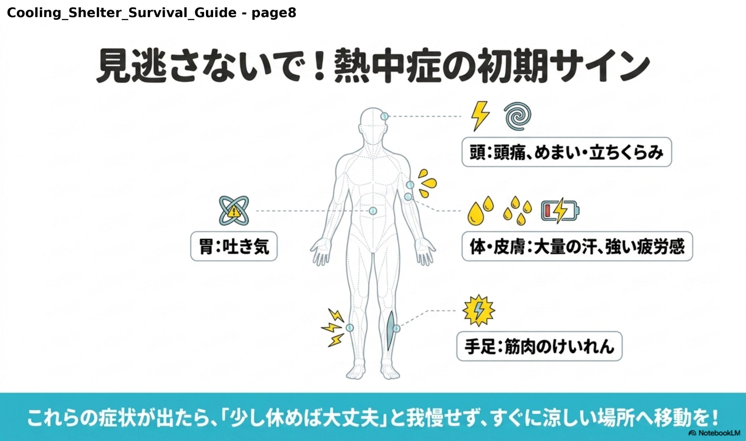 見逃さないで！熱中症の初期サイン。頭：頭痛、めまい・立ちくらみ。胃：吐き気。体・皮膚：大量の汗、強い疲労感。手足：筋肉のけいれん。これらの症状が出たら、「少し休めば大丈夫」と我慢せず、すぐに涼しい場所へ移動を！