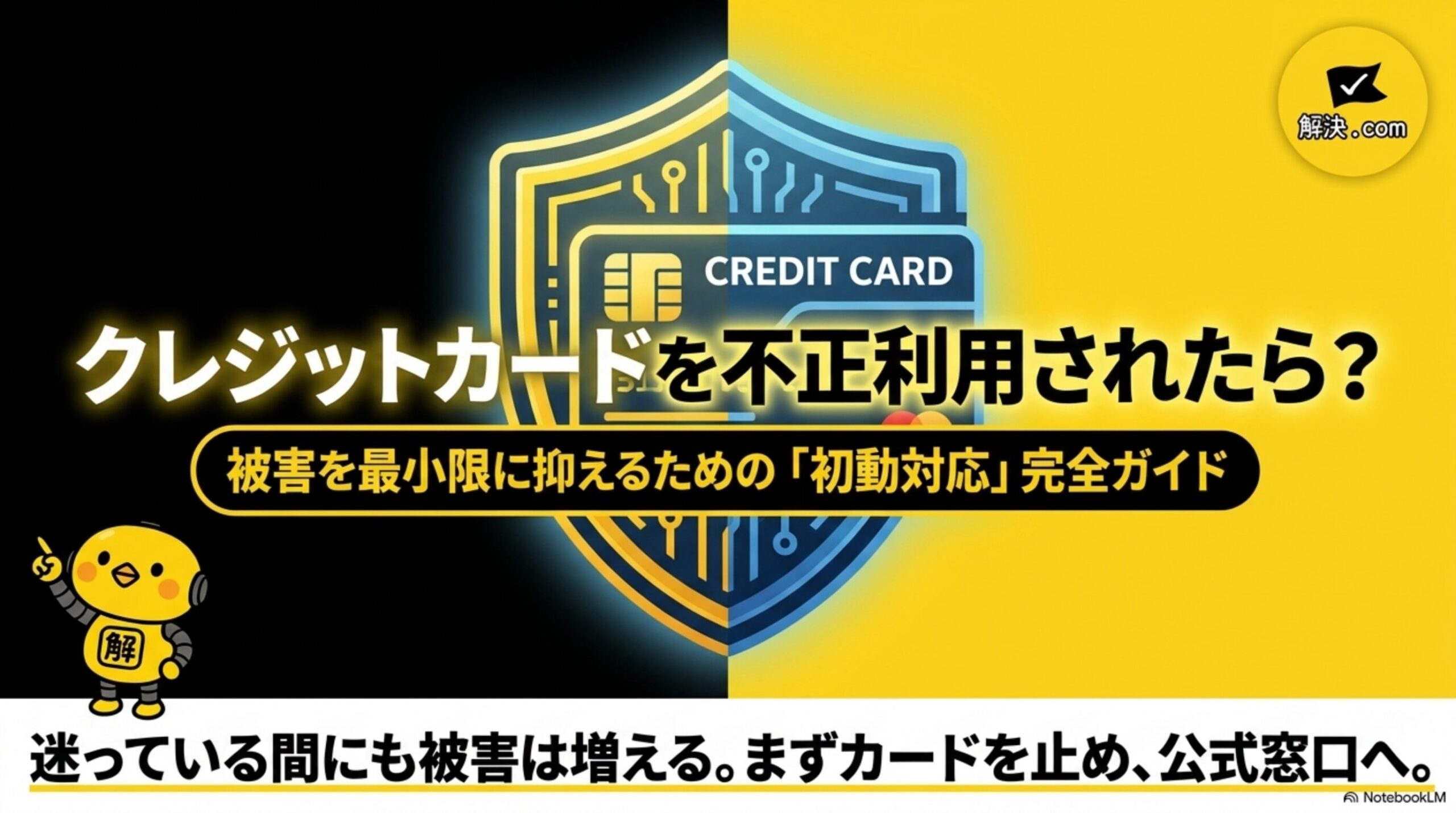 クレジットカードを不正利用されたら？被害を最小限に抑えるための「初動対応」完全ガイドというタイトルスライド。盾とクレジットカードのアイコン、迷っている間にも被害は増える。まずカードを止め、公式窓口へ。という副題付き