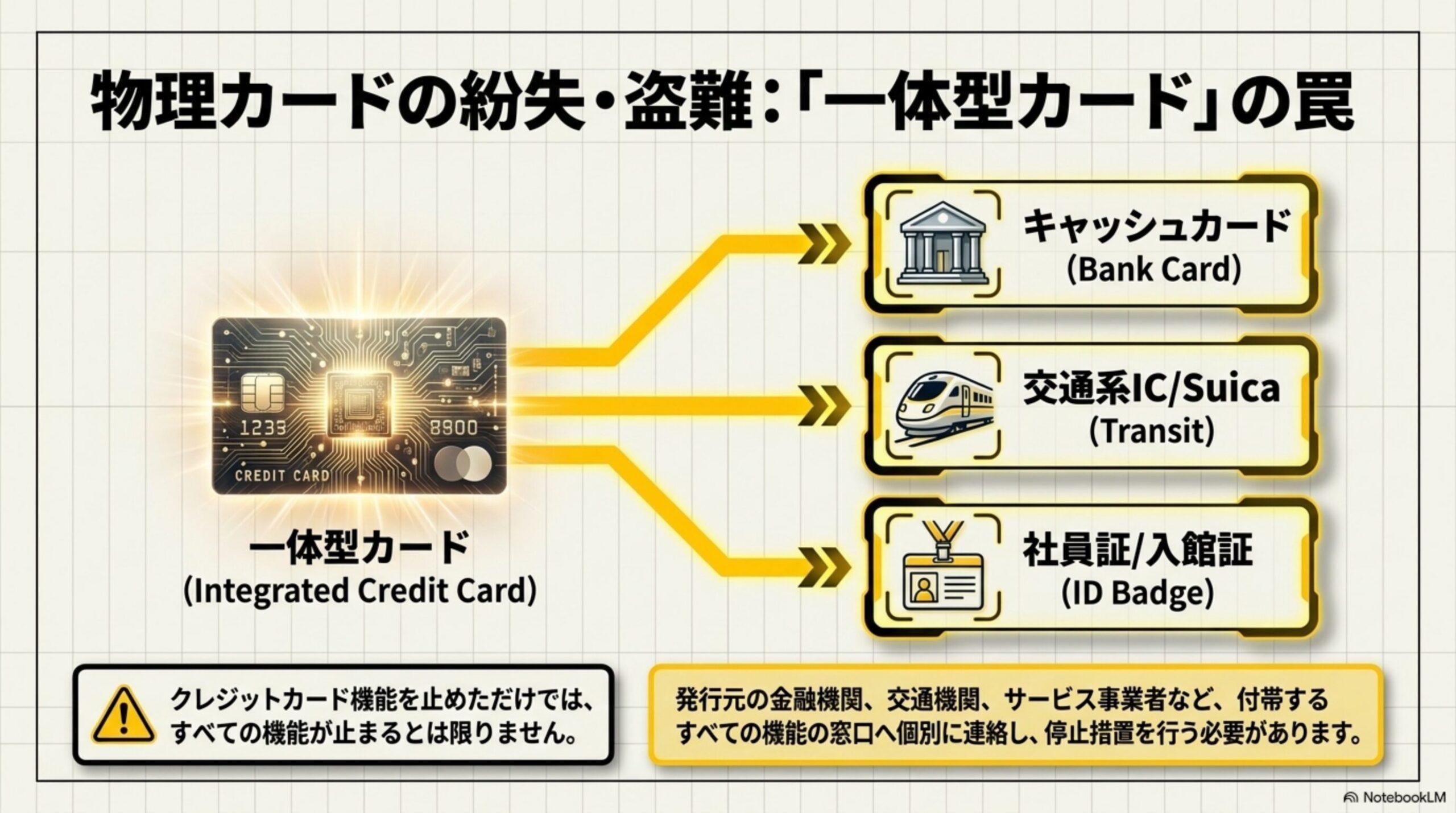 物理カードの紛失・盗難：「一体型カード」の罠を示す図解。1枚のクレジットカードから、キャッシュカード(Bank Card)・交通系IC/Suica(Transit)・社員証/入館証(ID Badge)へ矢印が伸び、クレジットカード機能を止めただけでは、すべての機能が止まるとは限りません。発行元の金融機関、交通機関、サービス事業者など、付帯するすべての機能の窓口へ個別に連絡し、停止措置を行う必要がありますという結論