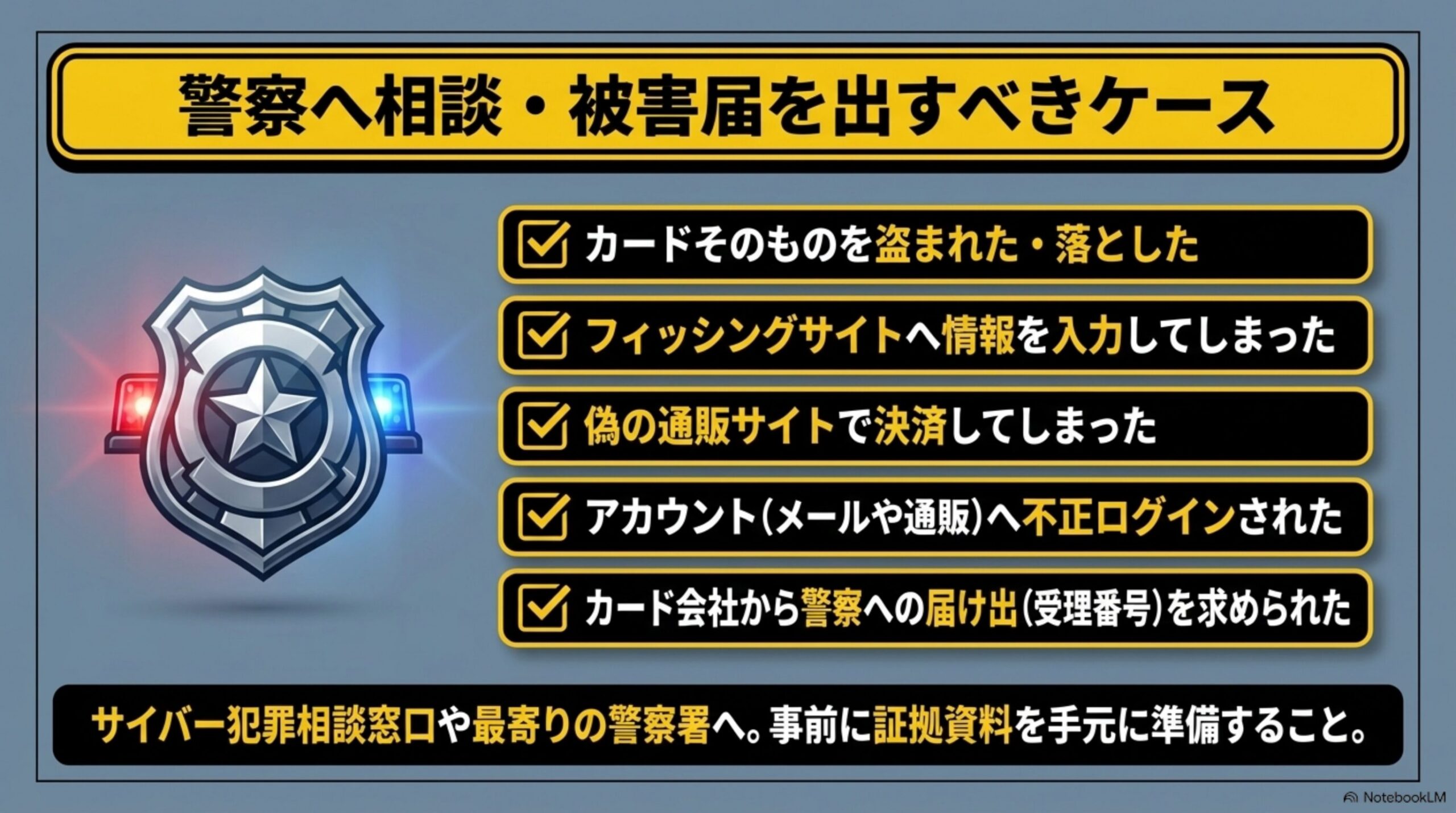 警察へ相談・被害届を出すべきケースを示す警察バッジの図解。カードそのものを盗まれた・落とした、フィッシングサイトへ情報を入力してしまった、偽の通販サイトで決済してしまった、アカウント（メールや通販）へ不正ログインされた、カード会社から警察への届け出（受理番号）を求められたという5項目と、サイバー犯罪相談窓口や最寄りの警察署へ。事前に証拠資料を手元に準備することという案内