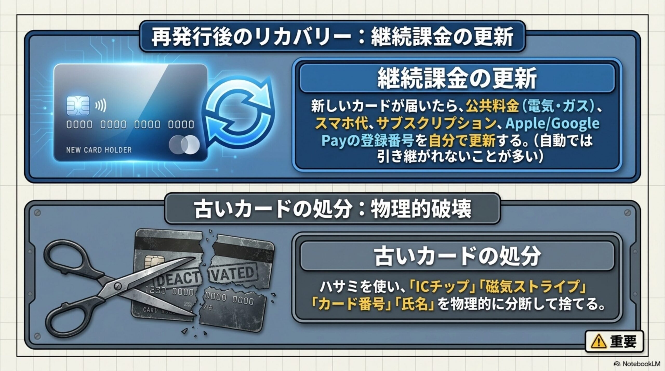 再発行後のリカバリー：継続課金の更新と、古いカードの処分：物理的破壊を示す図解。新しいカードが届いたら、公共料金・スマホ代・サブスクリプション・Apple/Google Payの登録番号を自分で更新する（自動では引き継がれないことが多い）ことと、ハサミを使いICチップ・磁気ストライプ・カード番号・氏名を物理的に分断して捨てる古いカードの処分方法を示す図解