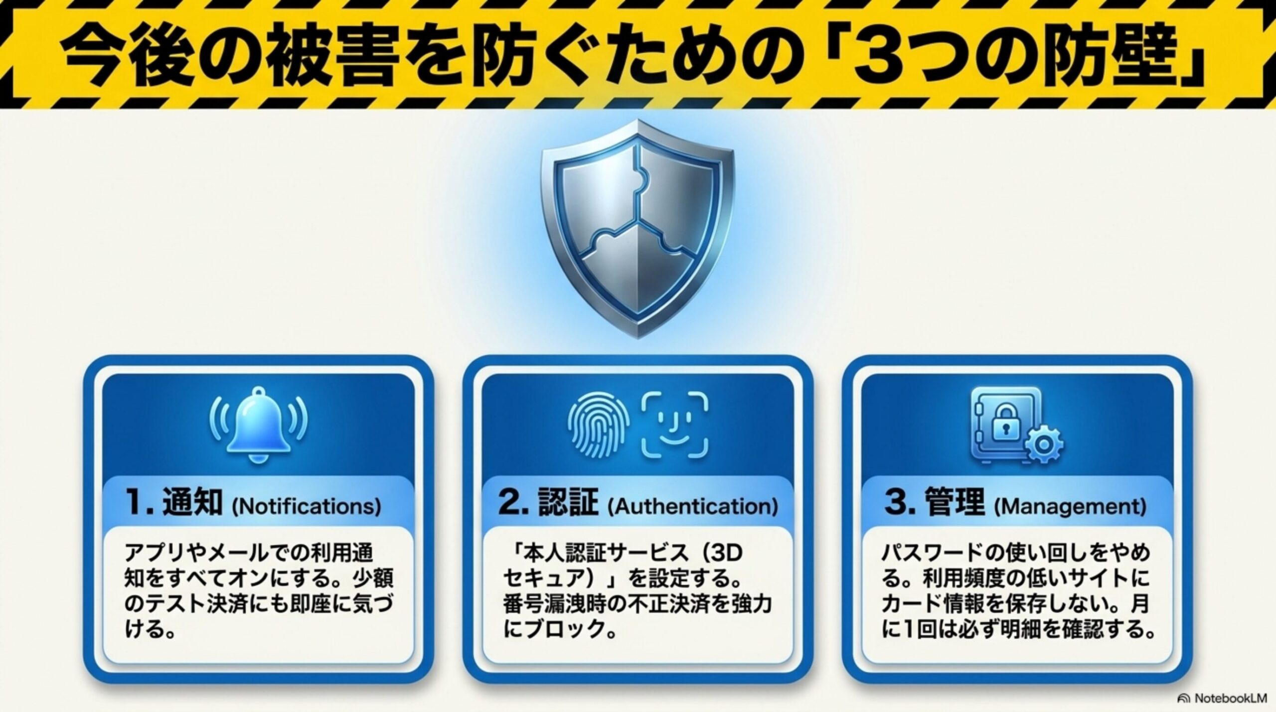 今後の被害を防ぐための「3つの防壁」を示す盾の図解。1.通知(Notifications：アプリやメールでの利用通知をすべてオンにする。少額のテスト決済にも即座に気づける)2.認証(Authentication：「本人認証サービス(3Dセキュア)」を設定する。番号漏洩時の不正決済を強力にブロック)3.管理(Management：パスワードの使い回しをやめる。利用頻度の低いサイトにカード情報を保存しない。月に1回は必ず明細を確認する)という3本柱の図解