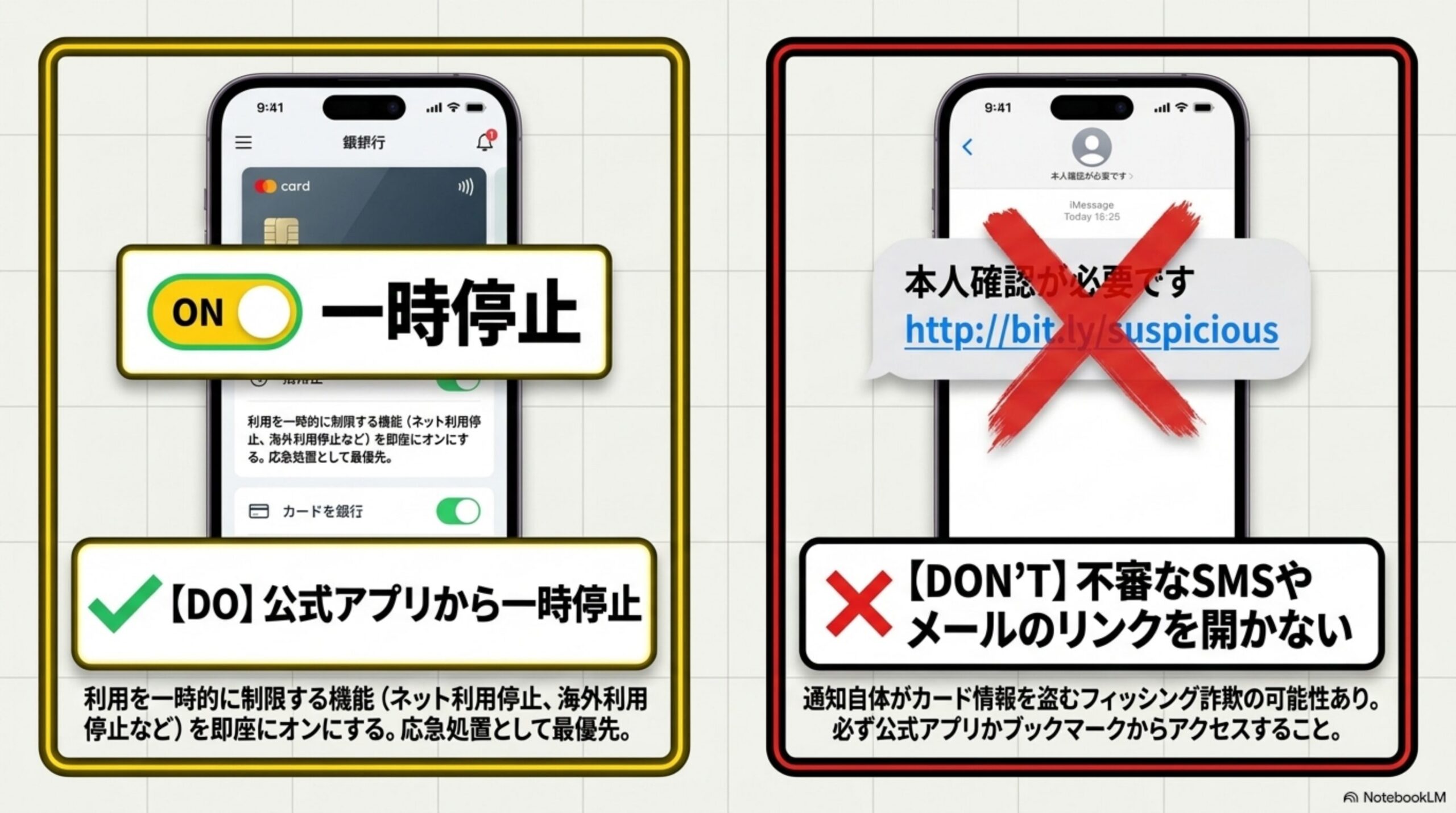 スマートフォン画面のDO/DONTを対比する図解。左側は【DO】公式アプリから一時停止（利用を一時的に制限する機能をオンにする、応急処置として最優先）、右側は【DON'T】不審なSMSやメールのリンクを開かない（通知自体がカード情報を盗むフィッシング詐欺の可能性あり、必ず公式アプリかブックマークからアクセスすること）という2枚のスマホモックアップ