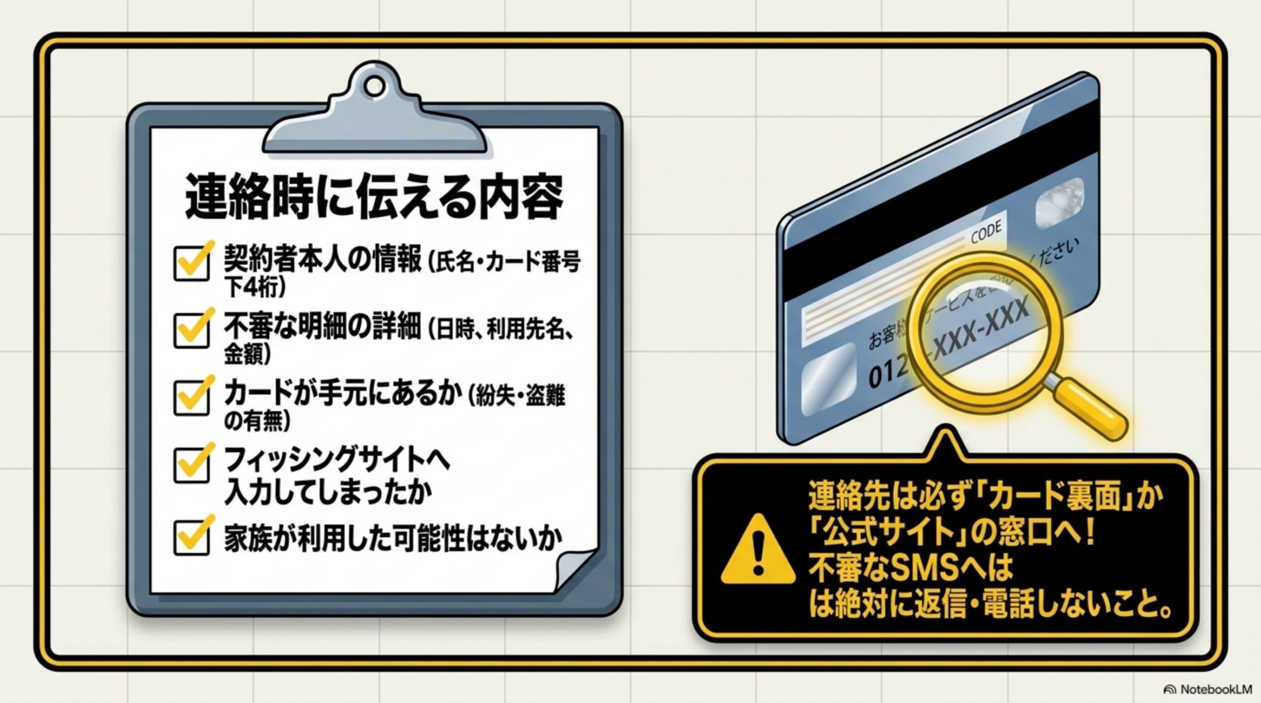 連絡時に伝える内容を示すクリップボードのチェックリストと、カードの番号部分を虫眼鏡で確認するイラスト。契約者本人の情報(氏名・カード番号下4桁)、不審な明細の詳細(日時、利用先名、金額)、カードが手元にあるか(紛失・盗難の有無)、フィッシングサイトへ入力してしまったか、家族が利用した可能性はないかという5項目と、連絡先は必ず「カード裏面」か「公式サイト」の窓口へ！不審なSMSへは絶対に返信・電話しないことという警告付き