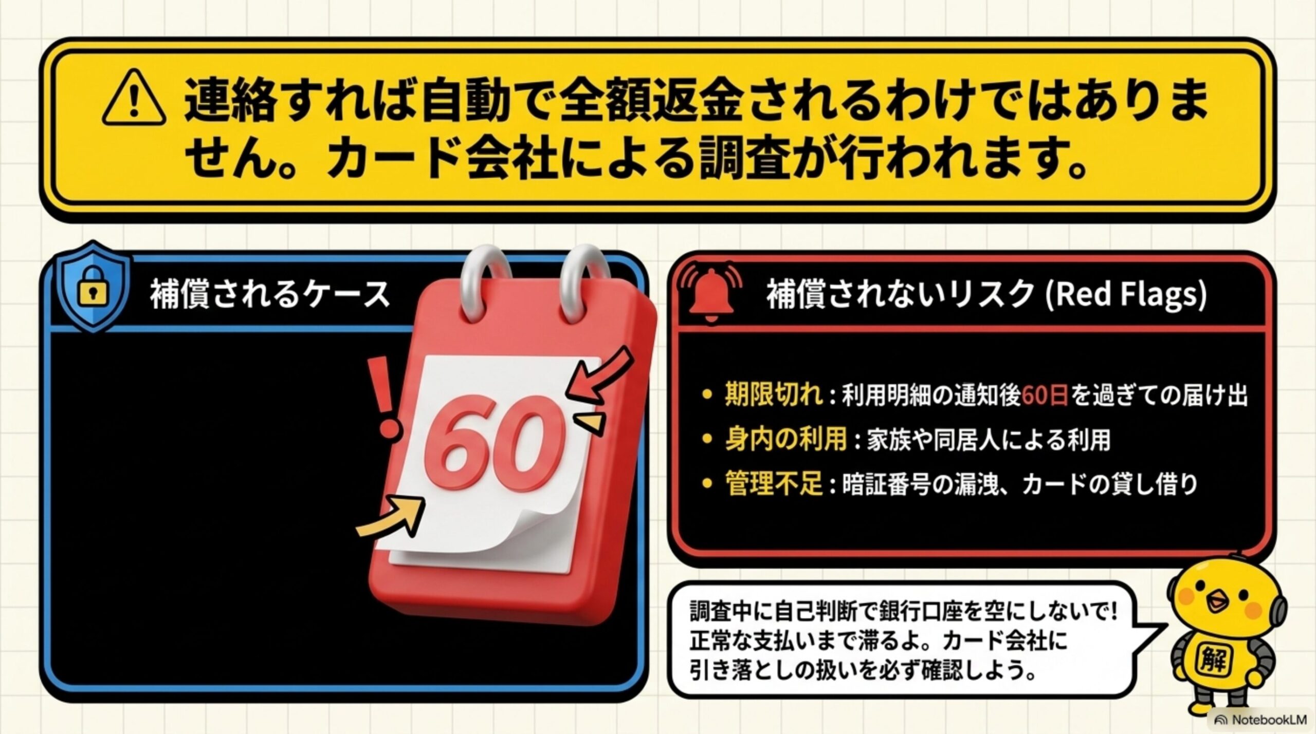 連絡すれば自動で全額返金されるわけではありません。カード会社による調査が行われます。という見出しと、60日の期限を示すカレンダーの図解、補償されないリスク(Red Flags)として期限切れ(利用明細の通知後60日を過ぎての届け出)・身内の利用(家族や同居人による利用)・管理不足(暗証番号の漏洩、カードの貸し借り)を挙げ、カイピヨくんが調査中に自己判断で銀行口座を空にしないで！正常な支払いまで滞るよ。カード会社に引き落としの扱いを必ず確認しようと話す吹き出し