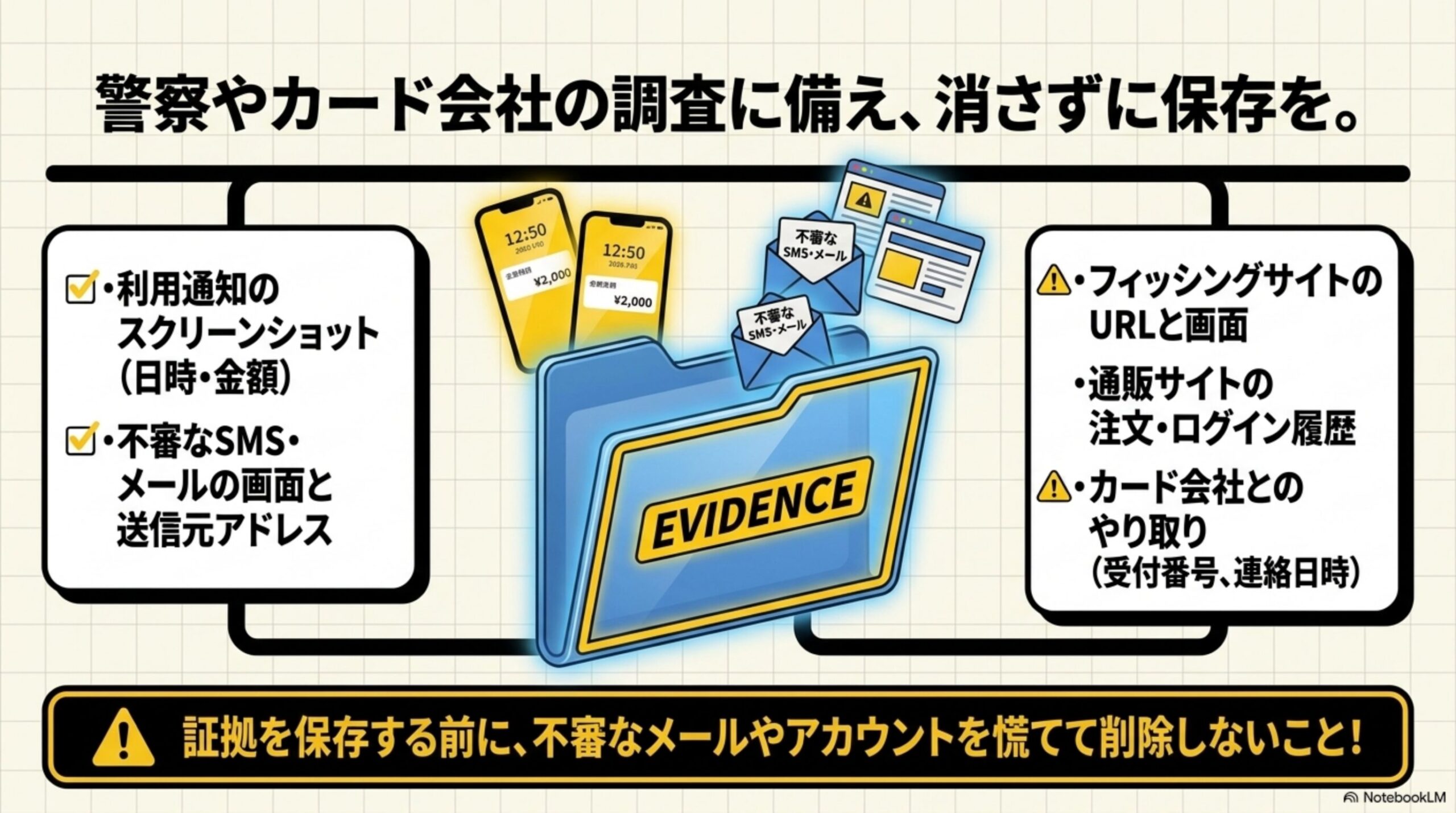 警察やカード会社の調査に備え、消さずに保存を。というフォルダの図解。利用通知のスクリーンショット(日時・金額)、不審なSMS・メールの画面と送信元アドレス、フィッシングサイトのURLと画面、通販サイトの注文・ログイン履歴、カード会社とのやり取り(受付番号、連絡日時)というEVIDENCEフォルダに集まる証拠の図解と、証拠を保存する前に、不審なメールやアカウントを慌てて削除しないこと！という警告