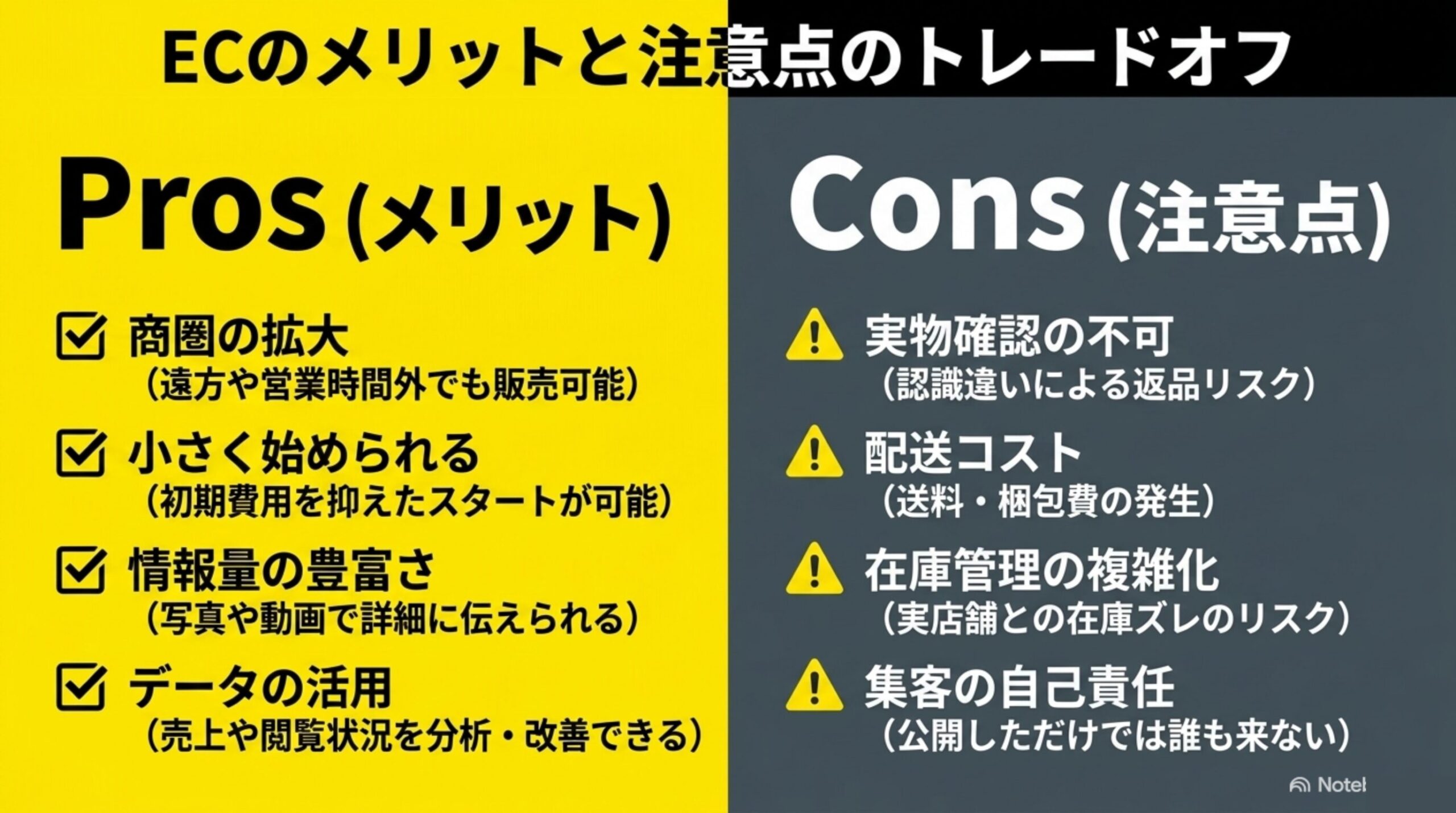 ECのメリットと注意点のトレードオフ：商圏の拡大・小さく始められる・情報量の豊富さ・データの活用と、実物確認の不可・配送コスト・在庫管理の複雑化・集客の自己責任の比較