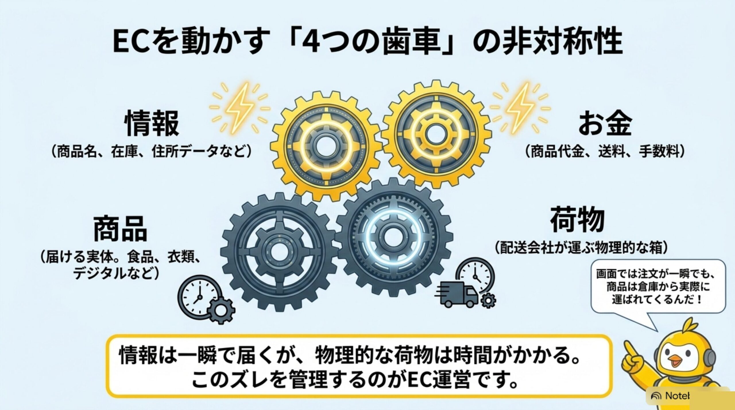 ECを動かす4つの歯車（商品・情報・お金・荷物）の非対称性を示す図。情報とお金は一瞬で動くが、商品と荷物は物理的な時間がかかる