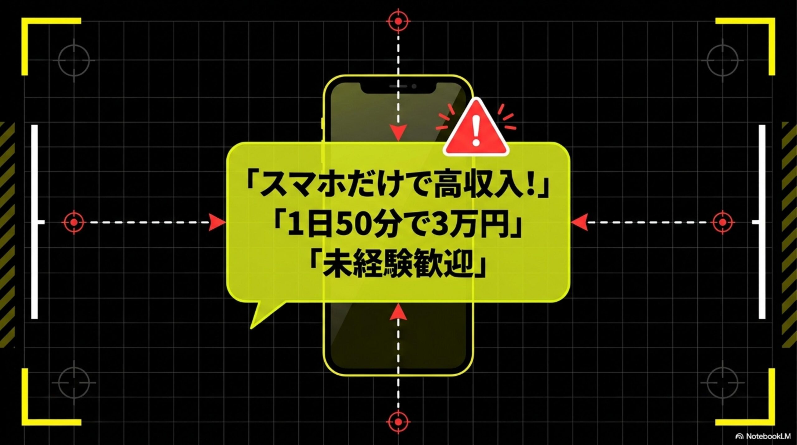 『スマホだけで高収入！』『1日50分で3万円』『未経験歓迎』。スマホの画面に警告マークとともに表示される怪しいSMS募集メッセージのイメージ。