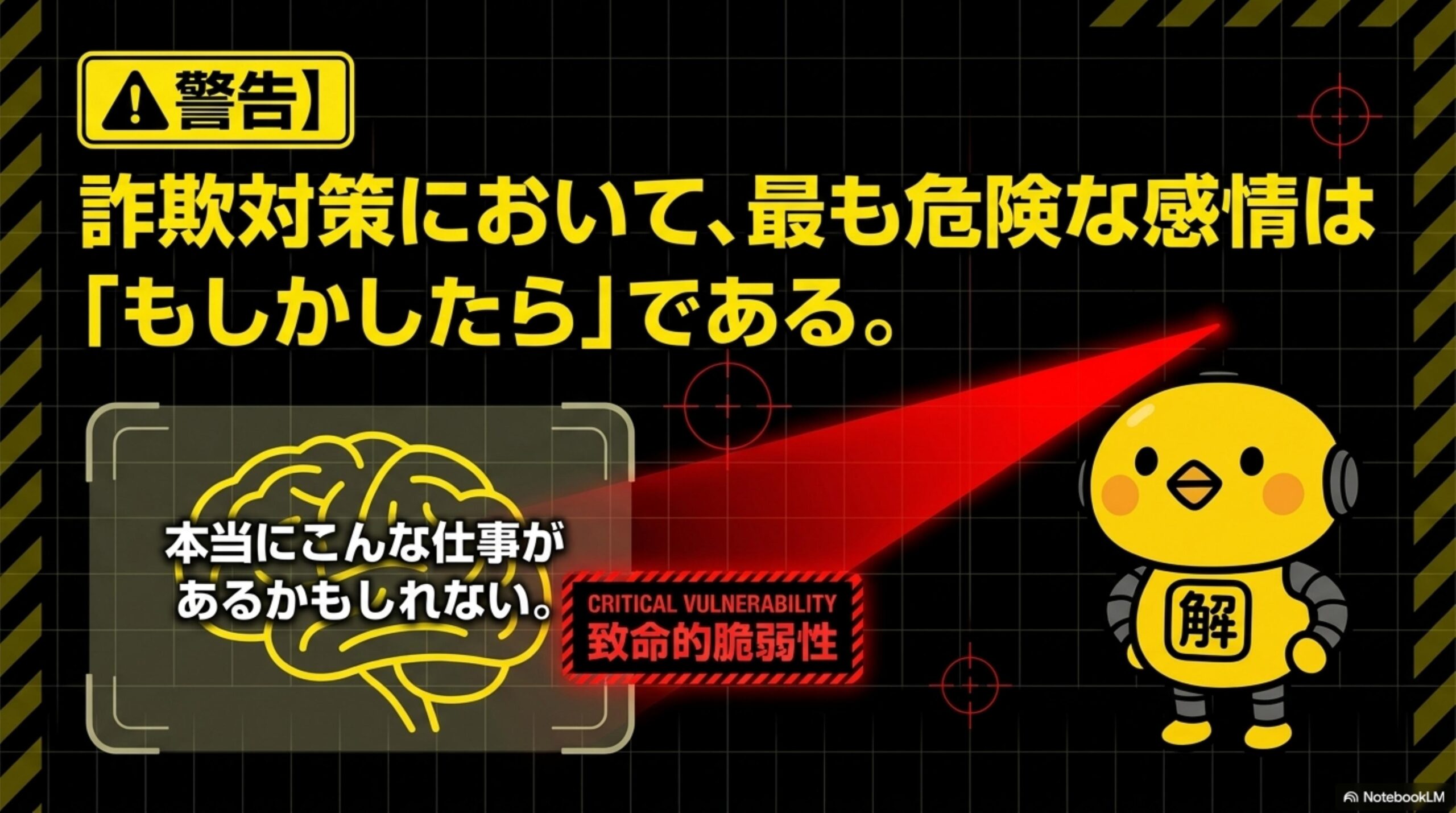 警告：詐欺対策において、最も危険な感情は『もしかしたら』である。『本当にこんな仕事があるかもしれない』という思考が致命的脆弱性になる様子をカイピヨくんが指摘している。