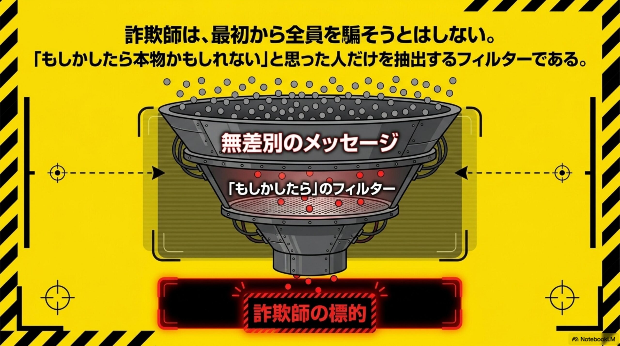 詐欺師は、最初から全員を騙そうとはしない。無差別のメッセージを大量に送り、『もしかしたら本物かもしれない』と思った人だけを『もしかしたら』のフィルターで抽出し、詐欺師の標的にする漏斗（じょうご）の図解。