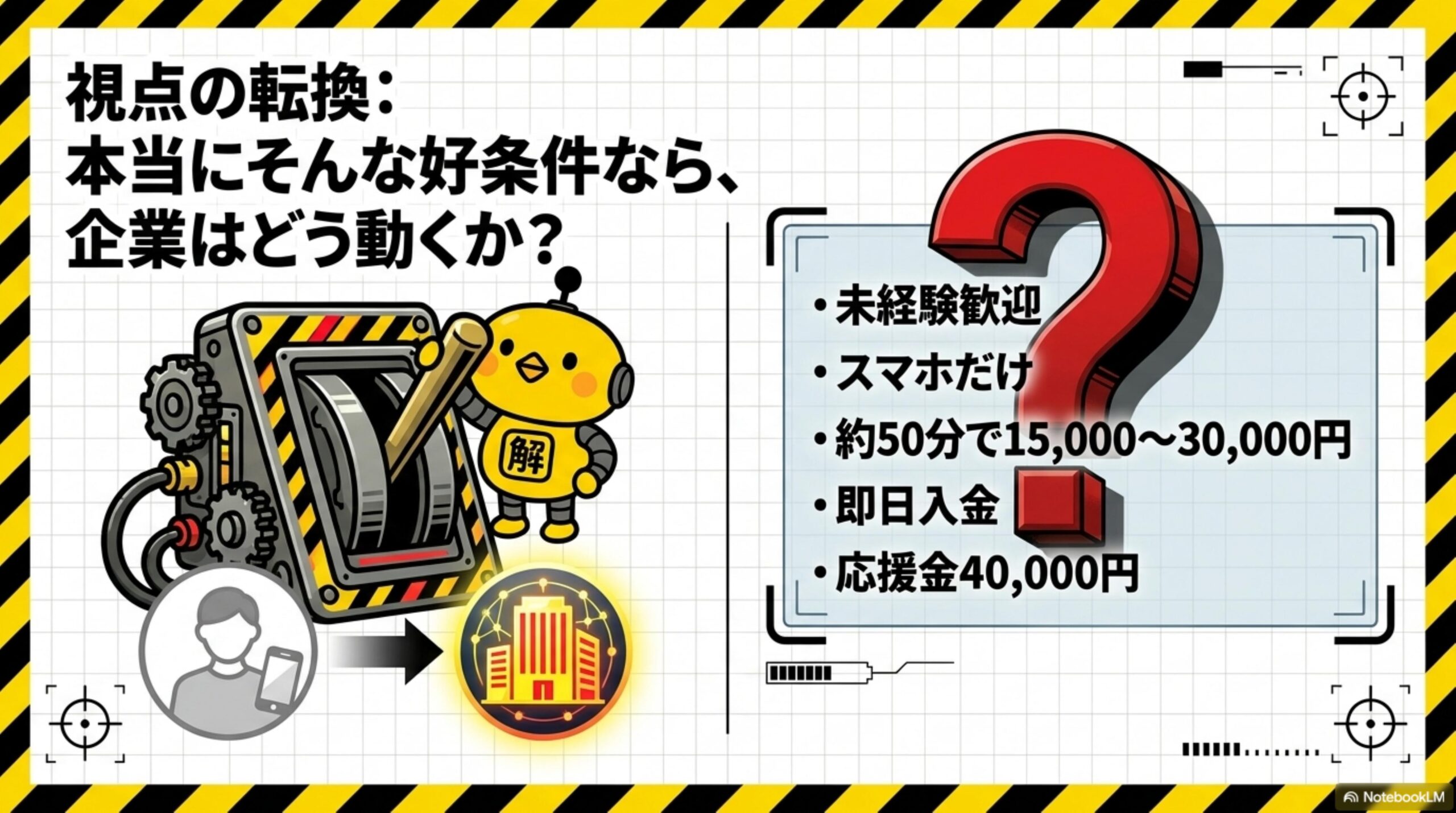 視点の転換：本当にそんな好条件なら、企業はどう動くか？未経験歓迎・スマホだけ・約50分で15000〜30000円・即日入金・応援金40000円という求人条件を、企業側の立場で考え直す図解。