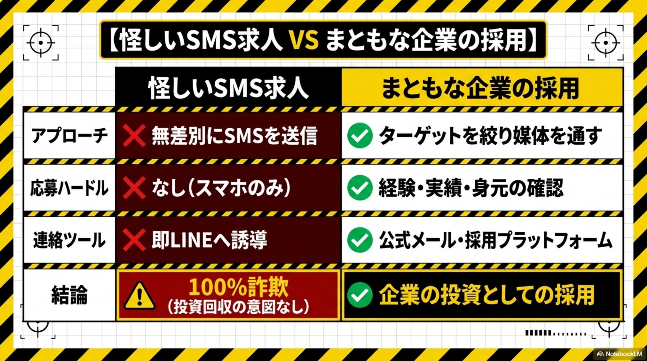 怪しいSMS求人 VS まともな企業の採用の比較表。アプローチ：無差別にSMS送信 対 ターゲットを絞り媒体を通す。応募ハードル：なし（スマホのみ）対 経験・実績・身元の確認。連絡ツール：即LINEへ誘導 対 公式メール・採用プラットフォーム。結論：100%詐欺（投資回収の意図なし）対 企業の投資としての採用。