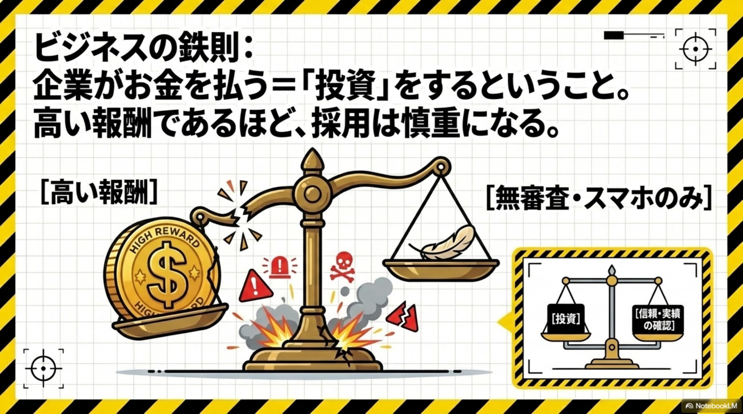 ビジネスの鉄則：企業がお金を払う＝『投資』をするということ。高い報酬であるほど、採用は慎重になる。高い報酬と無審査・スマホのみが釣り合わずに崩れる天秤の図解。