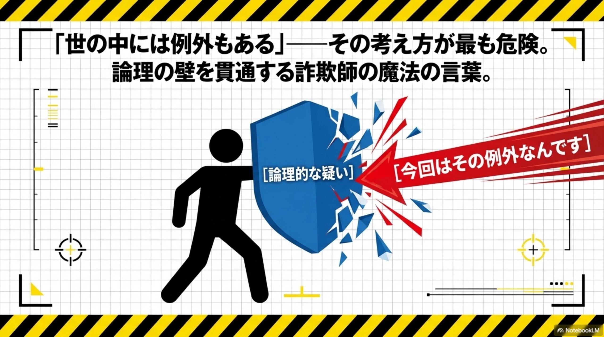 『世の中には例外もある』——その考え方が最も危険。論理の壁を貫通する詐欺師の魔法の言葉。論理的な疑いという盾が『今回はその例外なんです』という矢に打ち砕かれるイラスト。