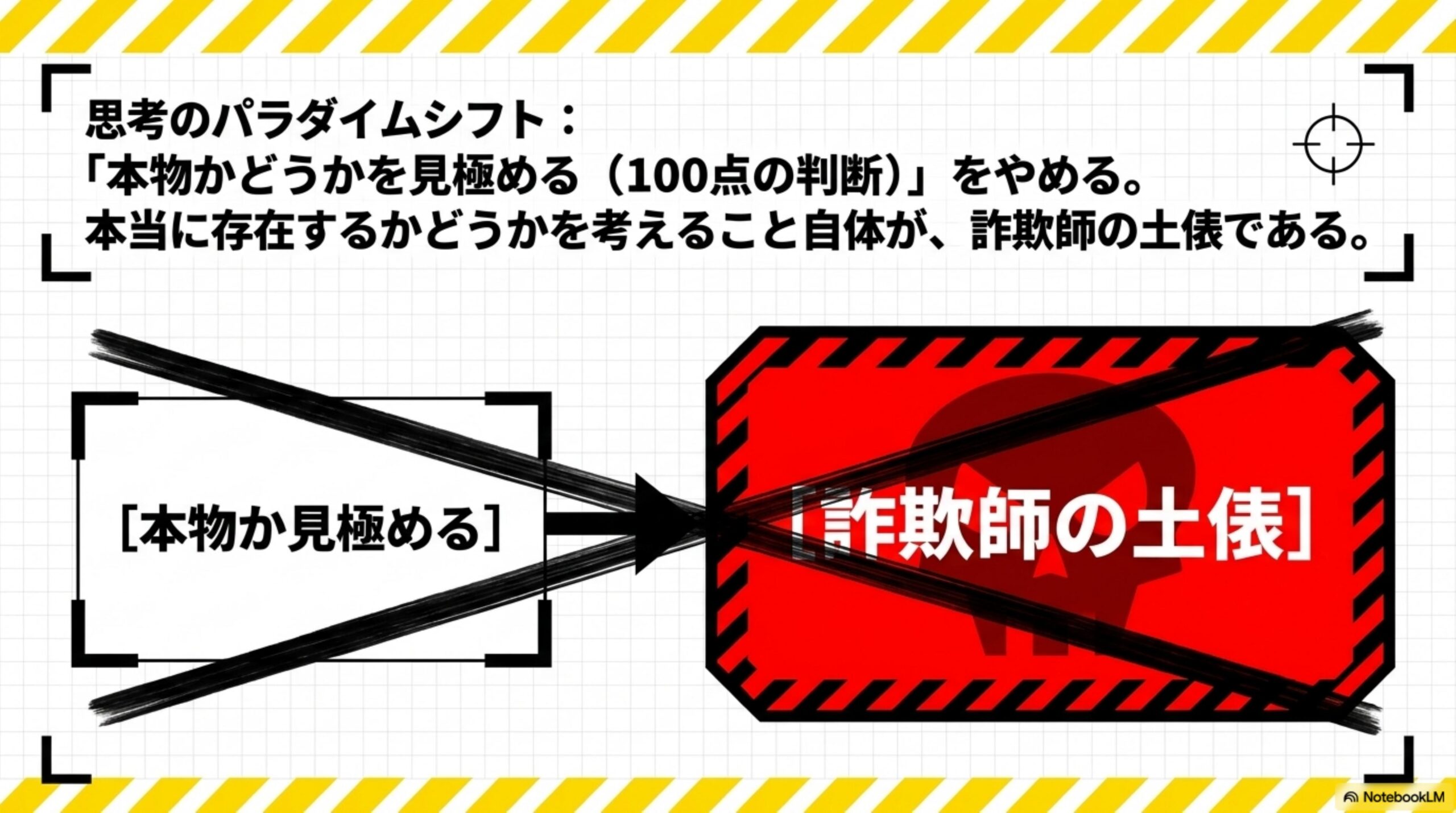 思考のパラダイムシフト：『本物かどうかを見極める（100点の判断）』をやめる。本当に存在するかどうかを考えること自体が、詐欺師の土俵である、という図解。