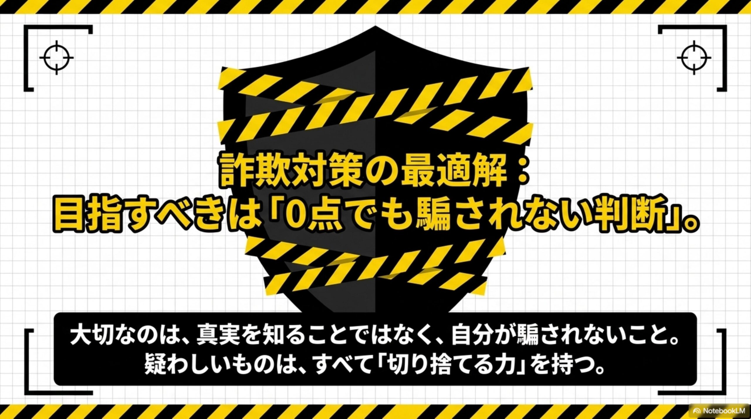 詐欺対策の最適解：目指すべきは『0点でも騙されない判断』。大切なのは、真実を知ることではなく、自分が騙されないこと。疑わしいものは、すべて『切り捨てる力』を持つ、という盾のイラスト。