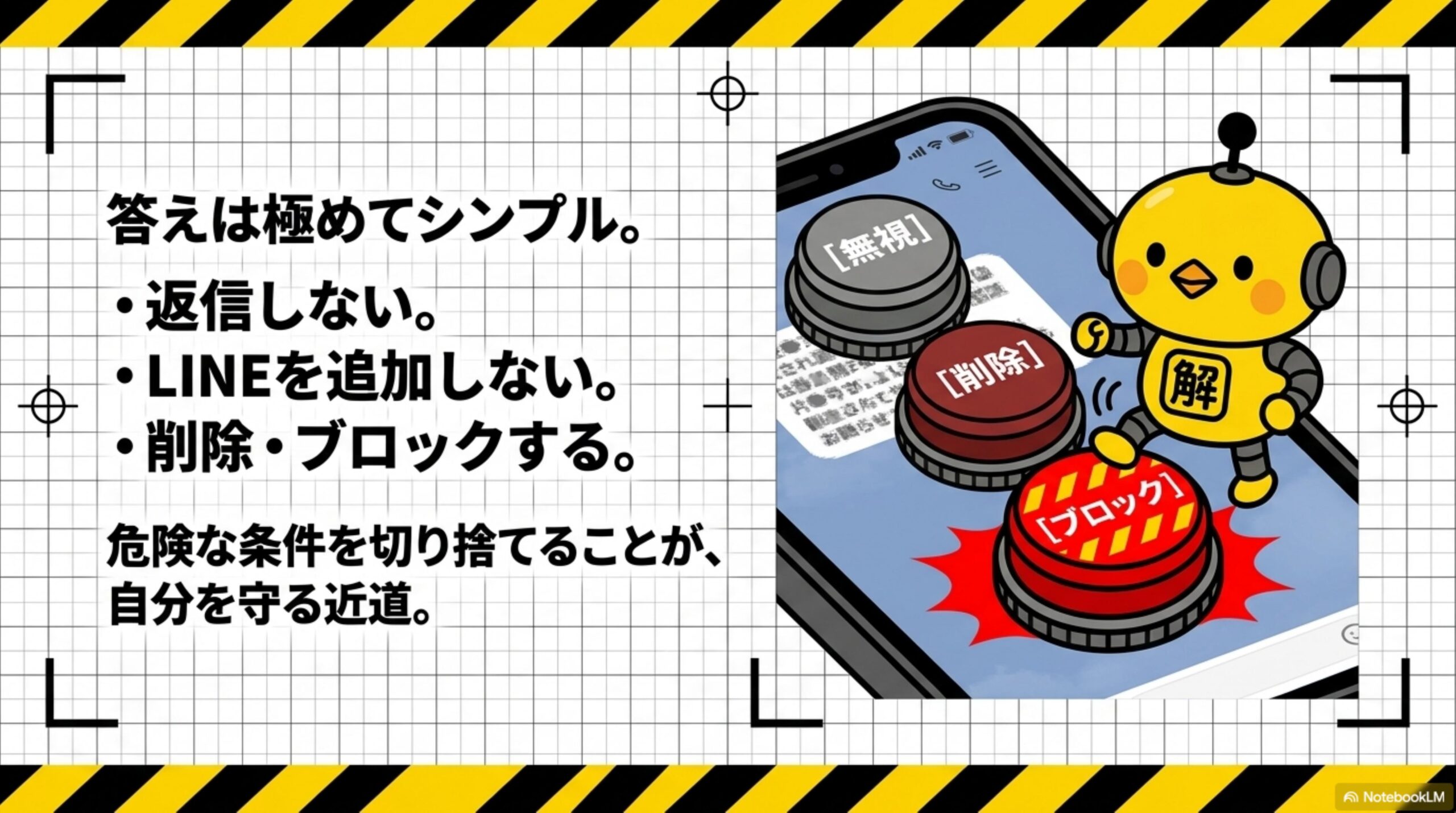 答えは極めてシンプル。返信しない。LINEを追加しない。削除・ブロックする。危険な条件を切り捨てることが、自分を守る近道だとカイピヨくんがスマホの無視・削除・ブロックボタンを押すイラスト。
