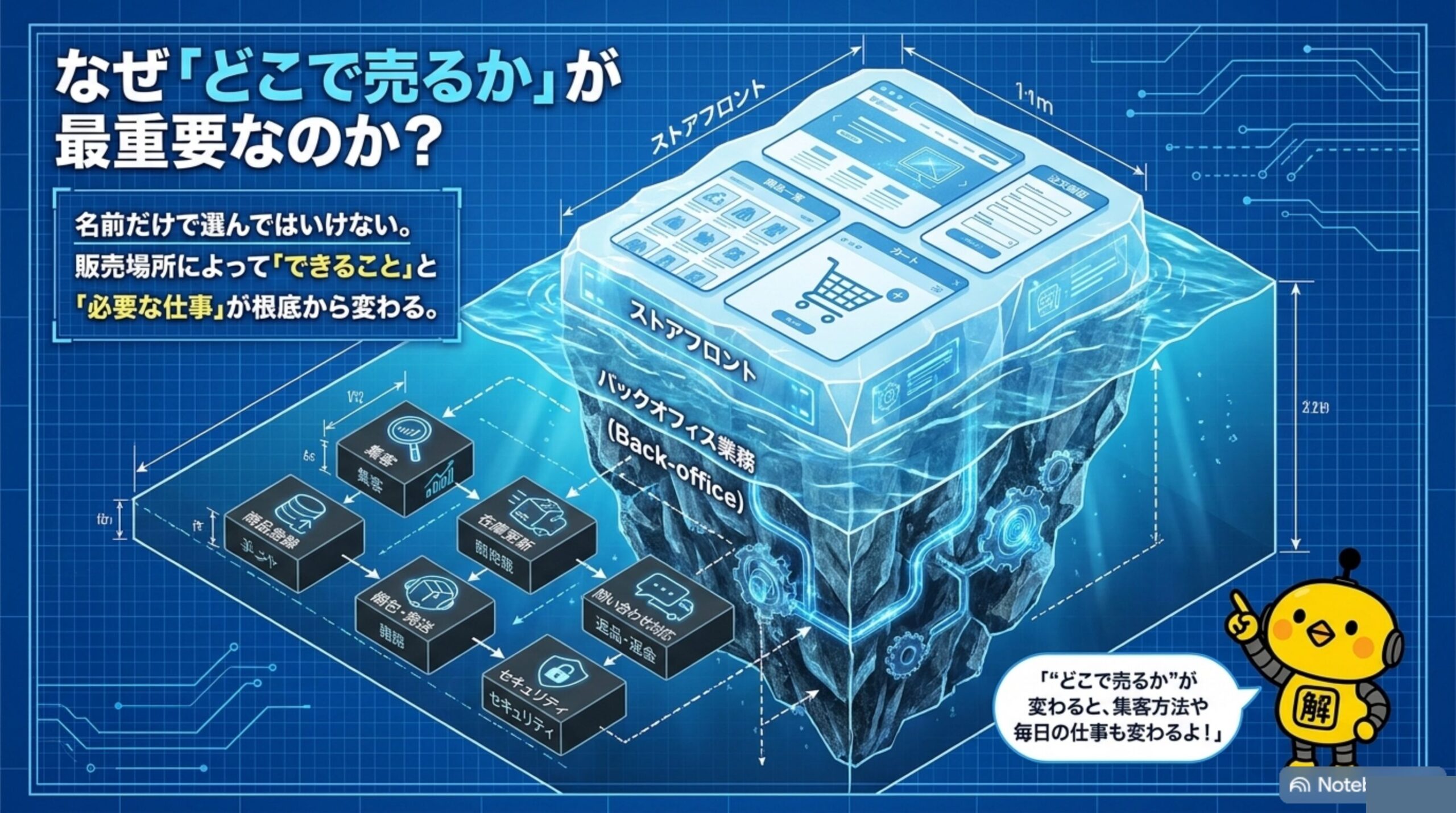なぜ「どこで売るか」が最重要なのか。ストアフロント（売り場）とバックオフィス業務（集客・商品登録・在庫更新・梱包発送・問い合わせ対応・セキュリティ）の氷山図