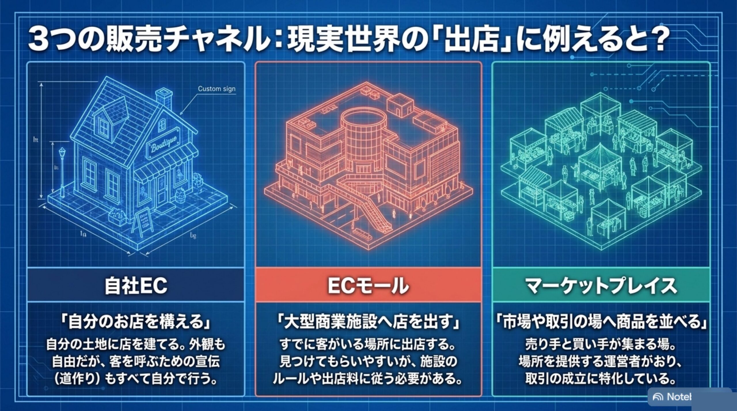 3つの販売チャネルを現実世界の出店に例えると：自社EC（自分のお店を構える）、ECモール（大型商業施設へ店を出す）、マーケットプレイス（市場や取引の場へ商品を並べる）