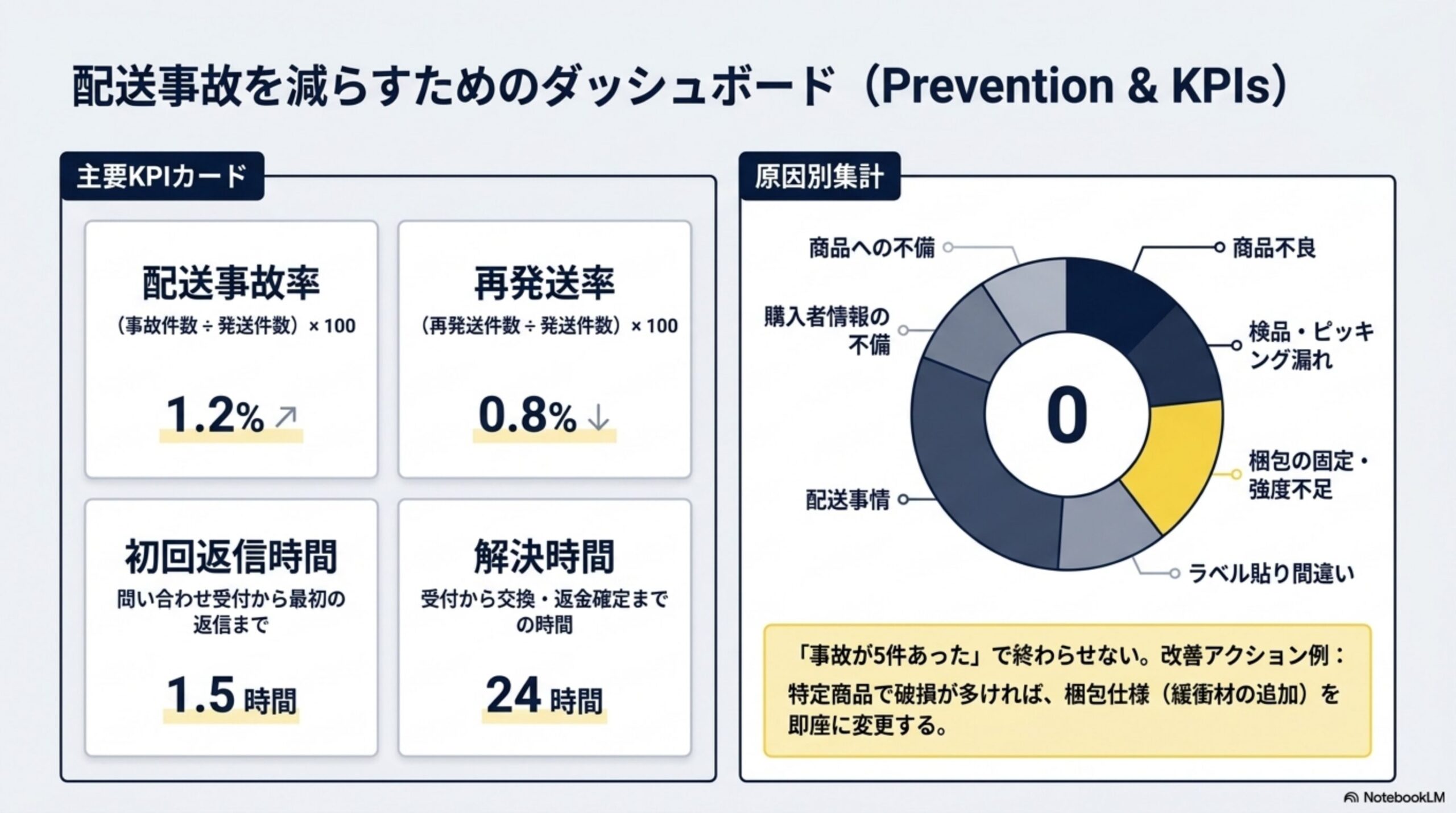 配送事故を減らすためのダッシュボード(Prevention&KPIs)。主要KPIカード：配送事故率(事故件数÷発送件数×100)1.2%、再発送率(再発送件数÷発送件数×100)0.8%、初回返信時間(問い合わせ受付から最初の返信まで)1.5時間、解決時間(受付から交換・返金確定まで)24時間。原因別集計の円グラフ：商品不良、検品・ピッキング漏れ、梱包の固定・強度不足、ラベル貼り間違い、配送事情、購入者情報の不備。「事故が5件あった」で終わらせない。改善アクション例：特定商品で破損が多ければ、梱包仕様(緩衝材の追加)を即座に変更する