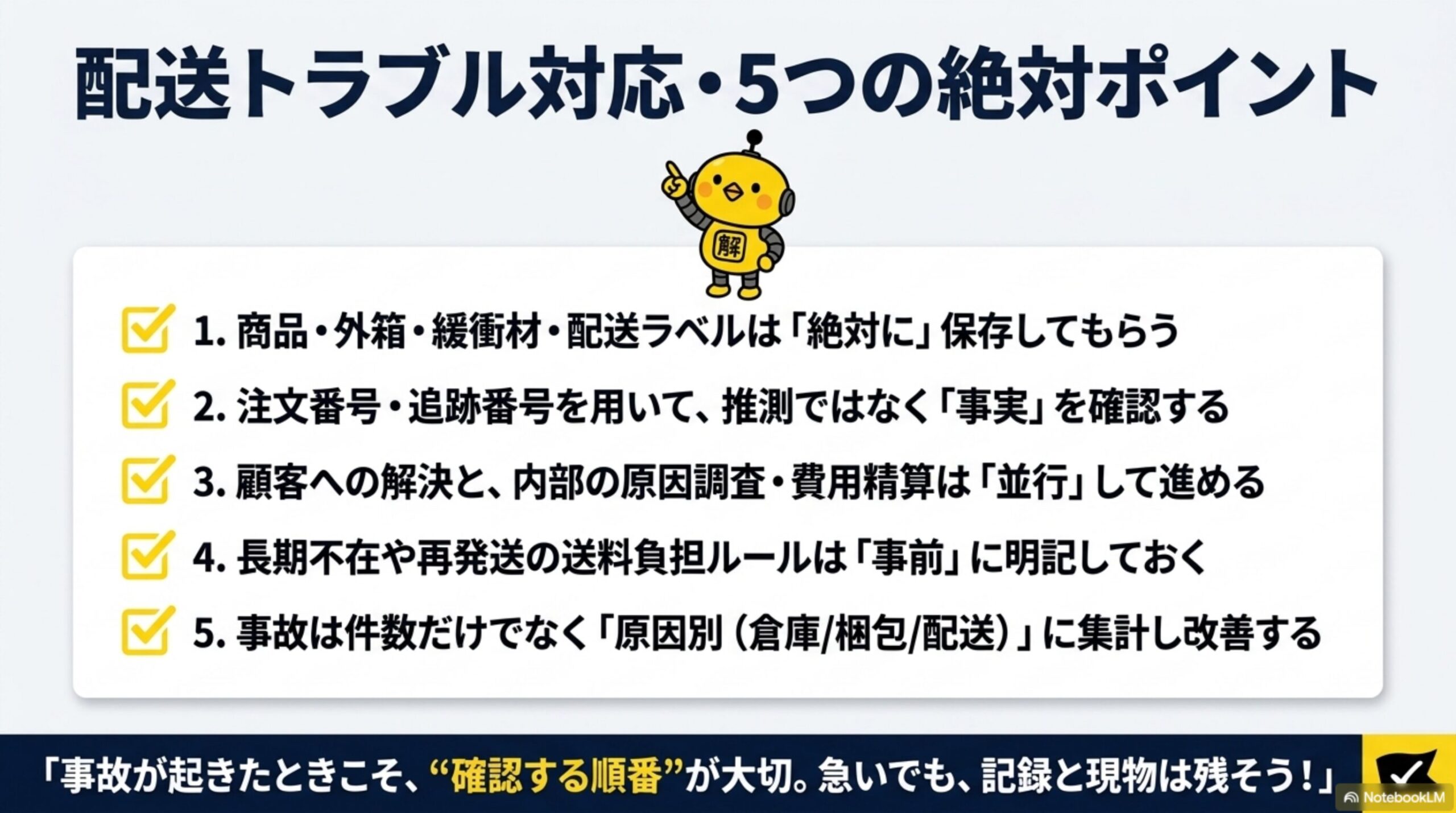 配送トラブル対応・5つの絶対ポイント。1.商品・外箱・緩衝材・配送ラベルは「絶対に」保存してもらう。2.注文番号・追跡番号を用いて、推測ではなく「事実」を確認する。3.顧客への解決と、内部の原因調査・費用精算は「並行」して進める。4.長期不在や再発送の送料負担ルールは「事前」に明記しておく。5.事故は件数だけでなく「原因別(倉庫/梱包/配送)」に集計し改善する。「事故が起きたときこそ、確認する順番が大切。急いでも、記録と現物は残そう！」