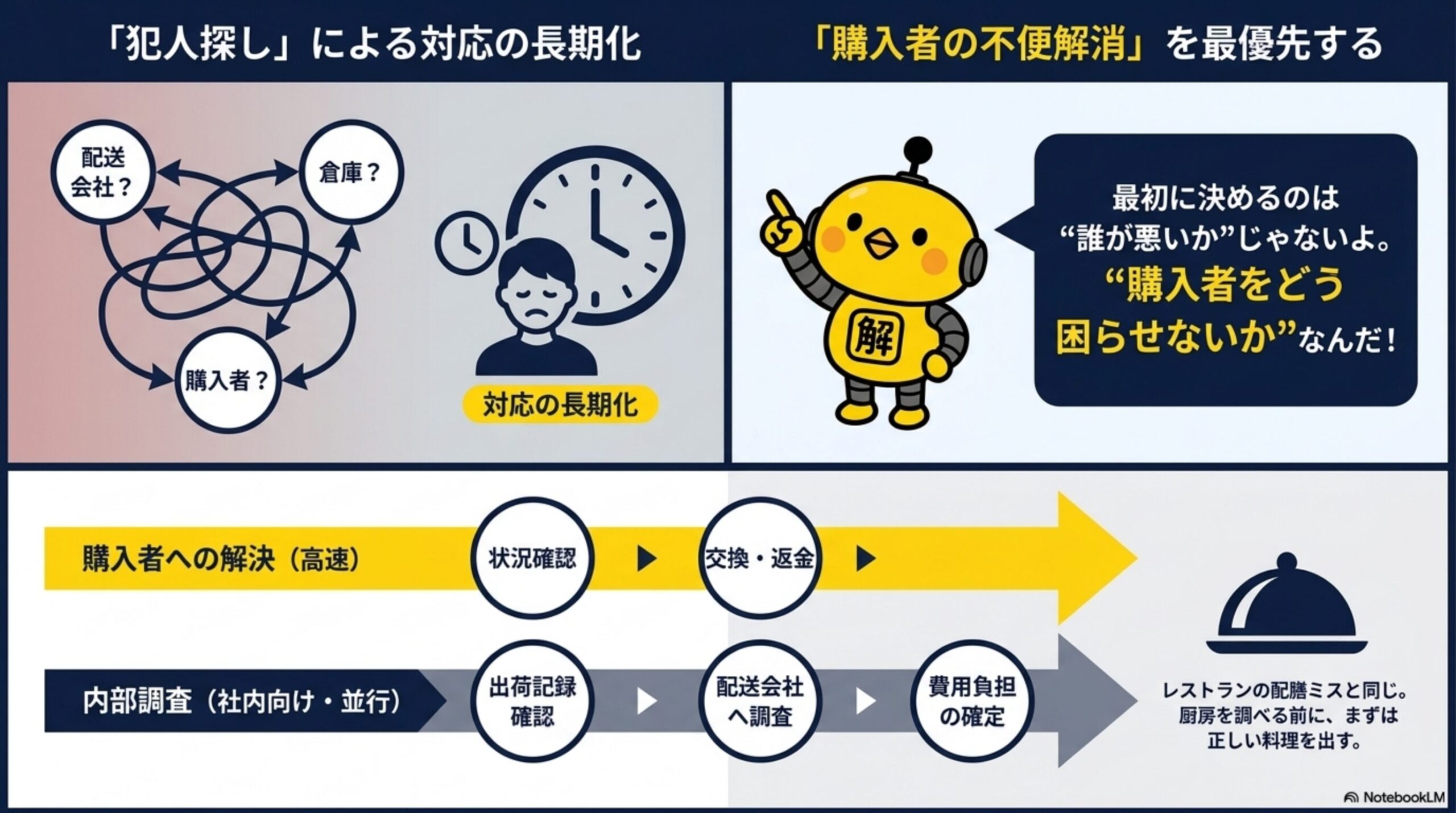 「犯人探し」による対応の長期化／「購入者の不便解消」を最優先する。犯人探し(配送会社？倉庫？購入者？とたらい回しになり対応が長期化)vs購入者への解決(高速：状況確認→交換・返金)と内部調査(社内向け・並行：出荷記録確認→配送会社へ調査→費用負担の確定)。カイピヨくんの「最初に決めるのは