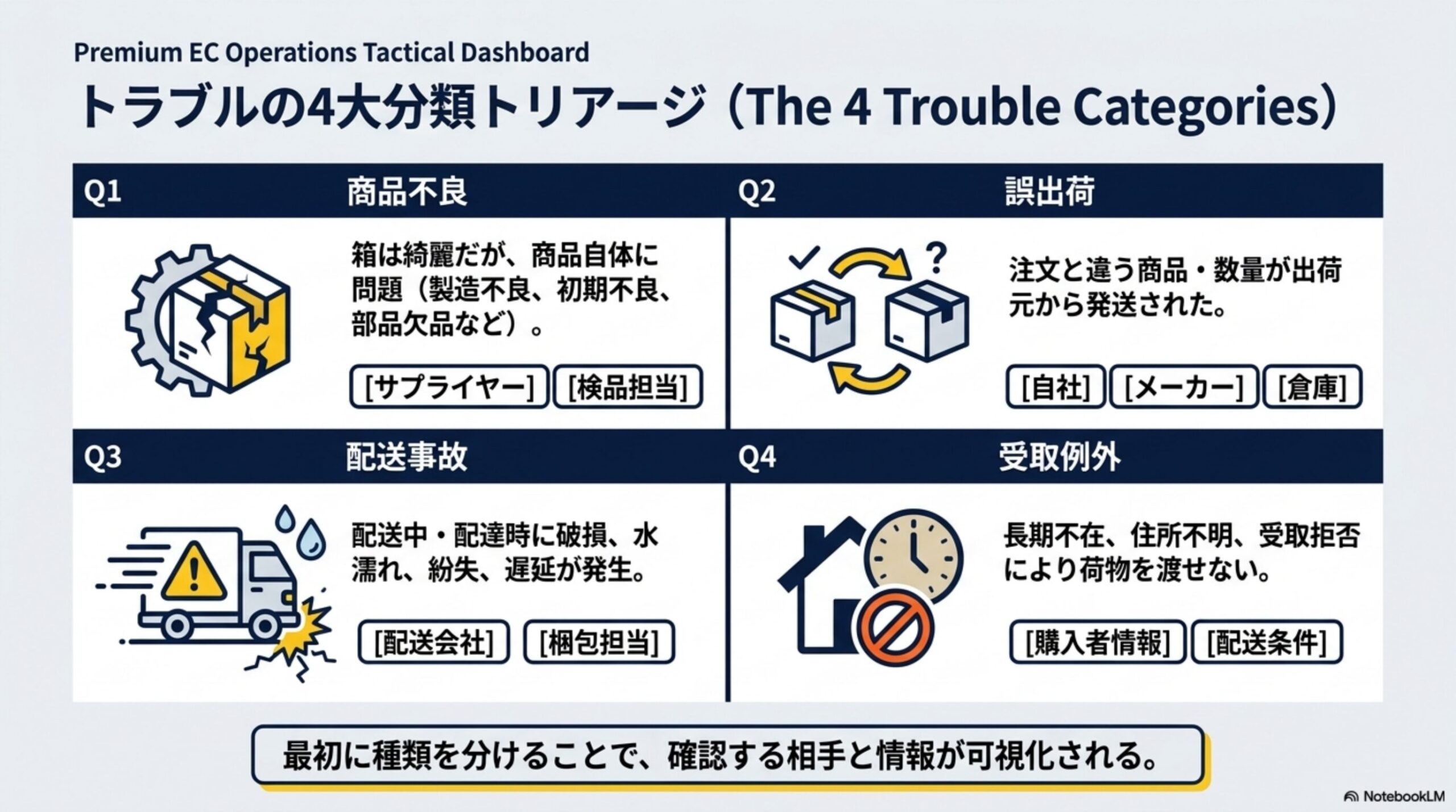 トラブルの4大分類トリアージ。Q1商品不良(箱は綺麗だが商品自体に問題：製造不良・初期不良・部品欠品など。確認先：サプライヤー・検品担当)。Q2誤出荷(注文と違う商品・数量が出荷元から発送された。確認先：自社・メーカー・倉庫)。Q3配送事故(配送中・配達時に破損・水濡れ・紛失・遅延が発生。確認先：配送会社・梱包担当)。Q4受取例外(長期不在・住所不明・受取拒否により荷物を渡せない。確認先：購入者情報・配送条件)。最初に種類を分けることで、確認する相手と情報が可視化される