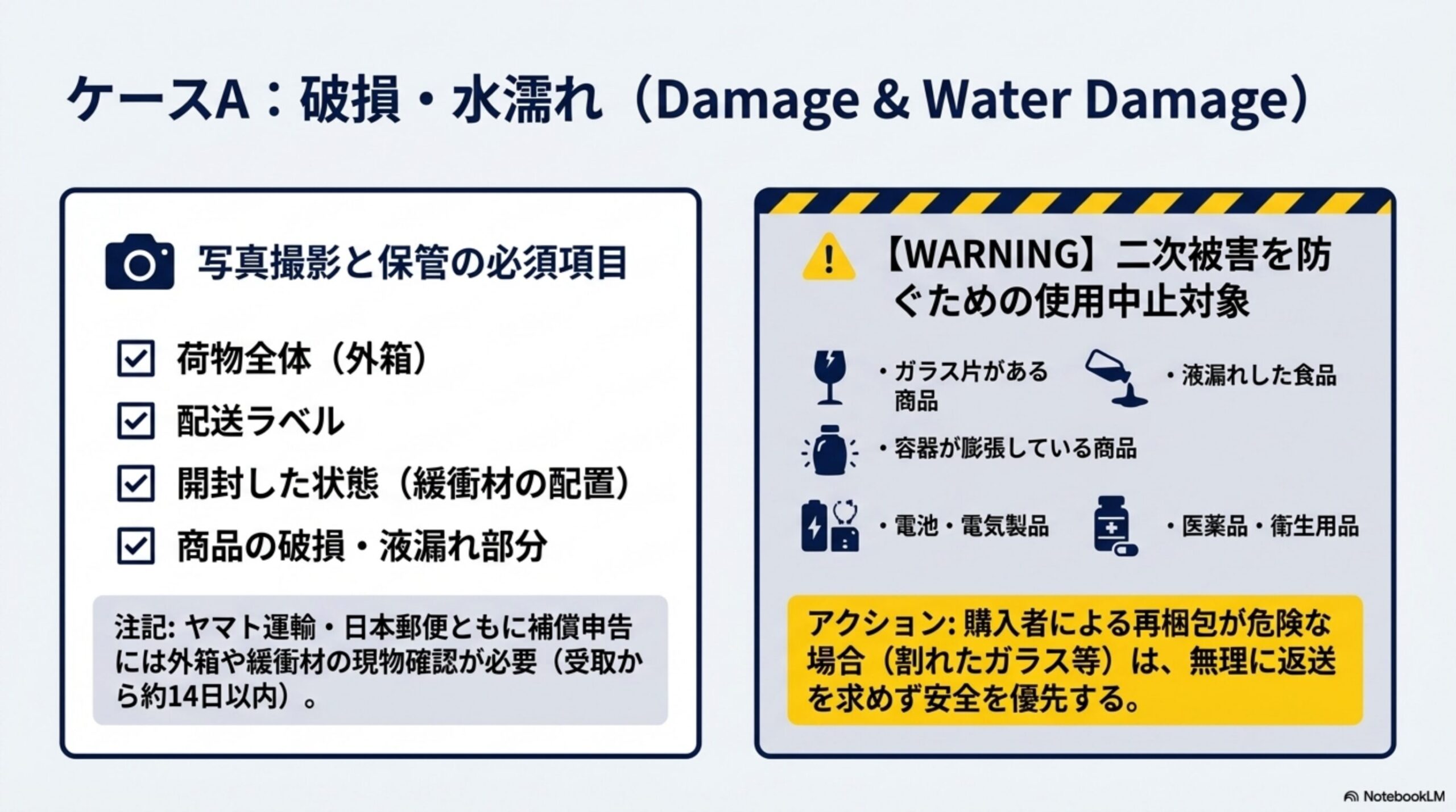 ケースA：破損・水濡れ(Damage & Water Damage)。写真撮影と保管の必須項目：荷物全体(外箱)、配送ラベル、開封した状態(緩衝材の配置)、商品の破損・液漏れ部分。注記：ヤマト運輸・日本郵便ともに補償申告には外箱や緩衝材の現物確認が必要(受取から約14日以内)。【WARNING】二次被害を防ぐための使用中止対象：ガラス片がある商品、液漏れした食品、容器が膨張している商品、電池・電気製品、医薬品・衛生用品