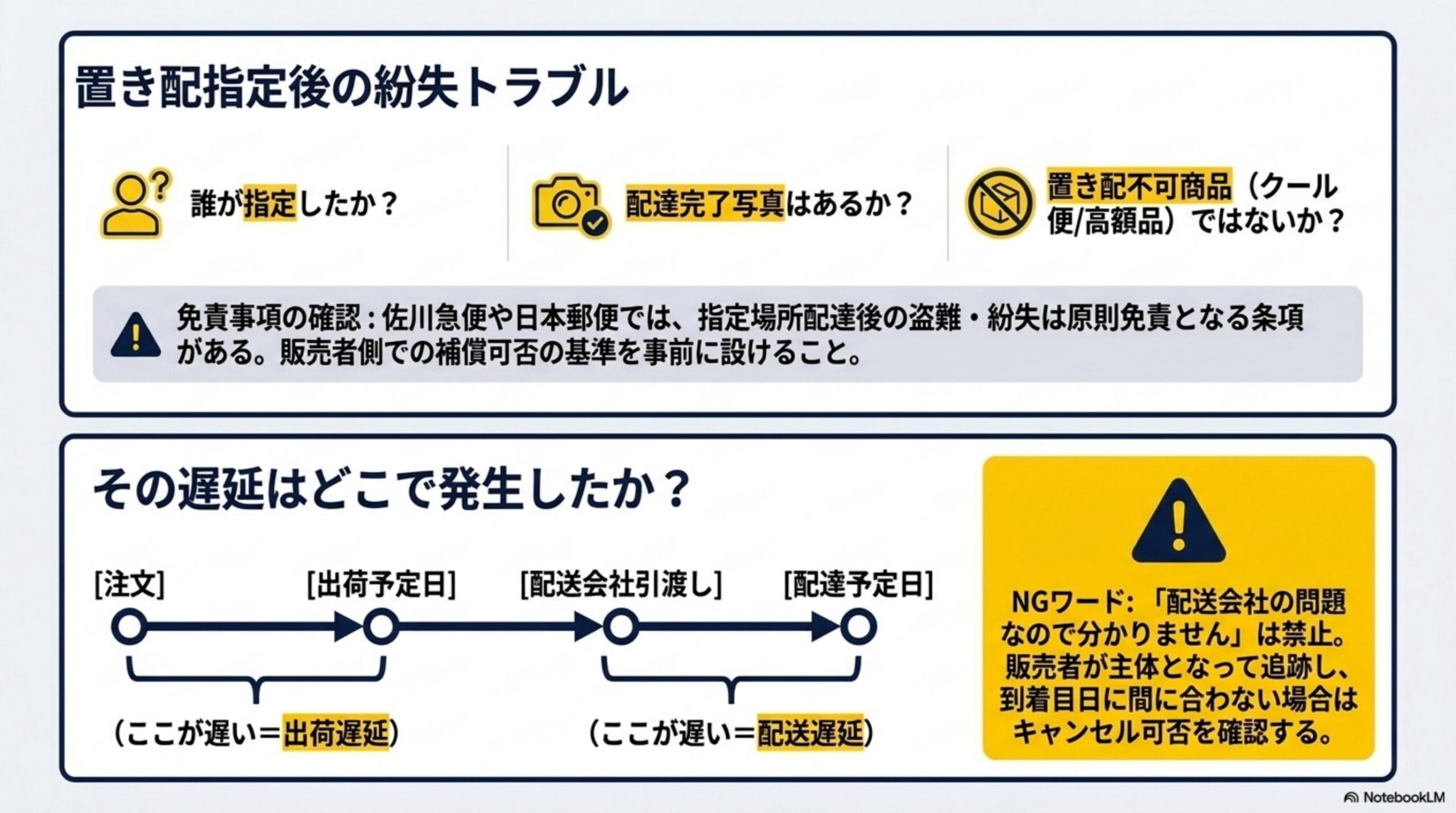 置き配指定後の紛失トラブル：誰が指定したか？配達完了写真はあるか？置き配不可商品(クール便/高額品)ではないか？免責事項の確認：佐川急便や日本郵便では、指定場所配達後の盗難・紛失は原則免責となる条項がある。販売者側での補償可否の基準を事前に設けること。その遅延はどこで発生したか？[注文]→[出荷予定日]（ここが遅い＝出荷遅延）→[配送会社引渡し]→[配達予定日]（ここが遅い＝配送遅延）。NGワード：「配送会社の問題なので分かりません」は禁止。販売者が主体となって追跡し、到着目日に間に合わない場合はキャンセル可否を確認する