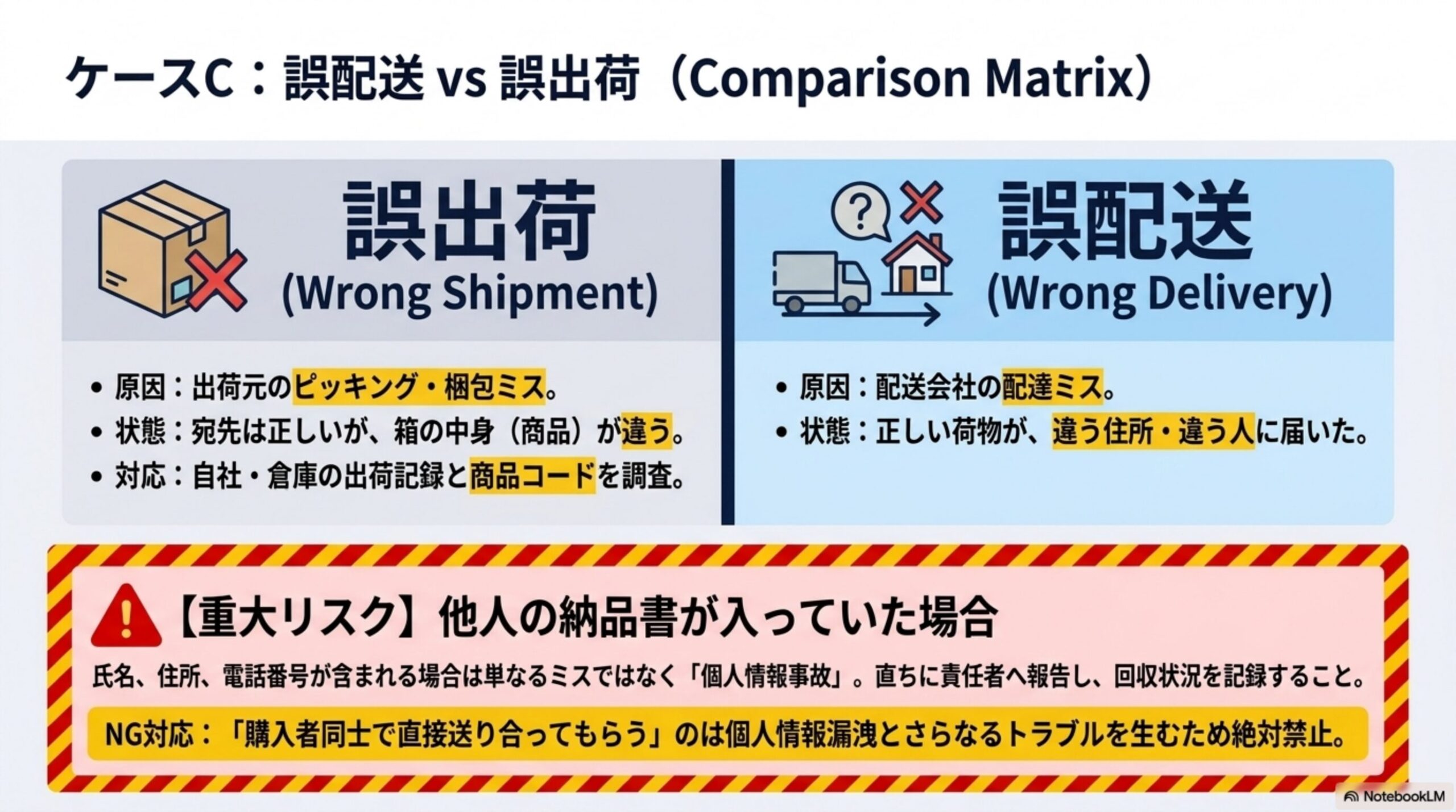 ケースC：誤配送vs誤出荷(Comparison Matrix)。誤出荷(Wrong Shipment)：原因は出荷元のピッキング・梱包ミス、状態は宛先は正しいが箱の中身(商品)が違う、対応は自社・倉庫の出荷記録と商品コードを調査。誤配送(Wrong Delivery)：原因は配送会社の配達ミス、状態は正しい荷物が違う住所・違う人に届いた。【重大リスク】他人の納品書が入っていた場合：氏名、住所、電話番号が含まれる場合は単なるミスではなく「個人情報事故」、直ちに責任者へ報告し回収状況を記録すること。NG対応：「購入者同士で直接送り合ってもらう」のは個人情報漏洩とさらなるトラブルを生むため絶対禁止